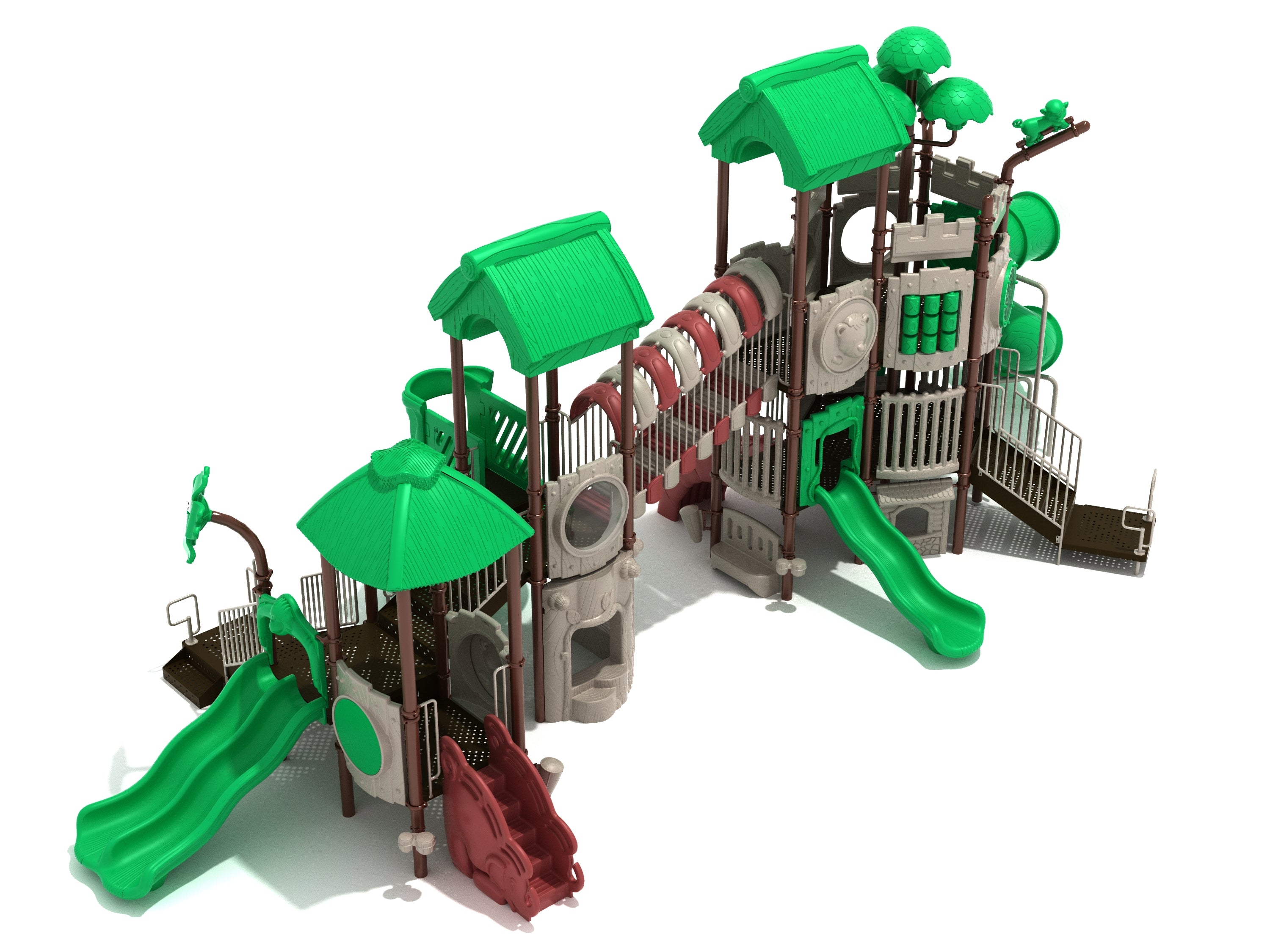 Colorful outdoor playground with green roofs, slides, climbing features, and lizard-themed decorative elements.