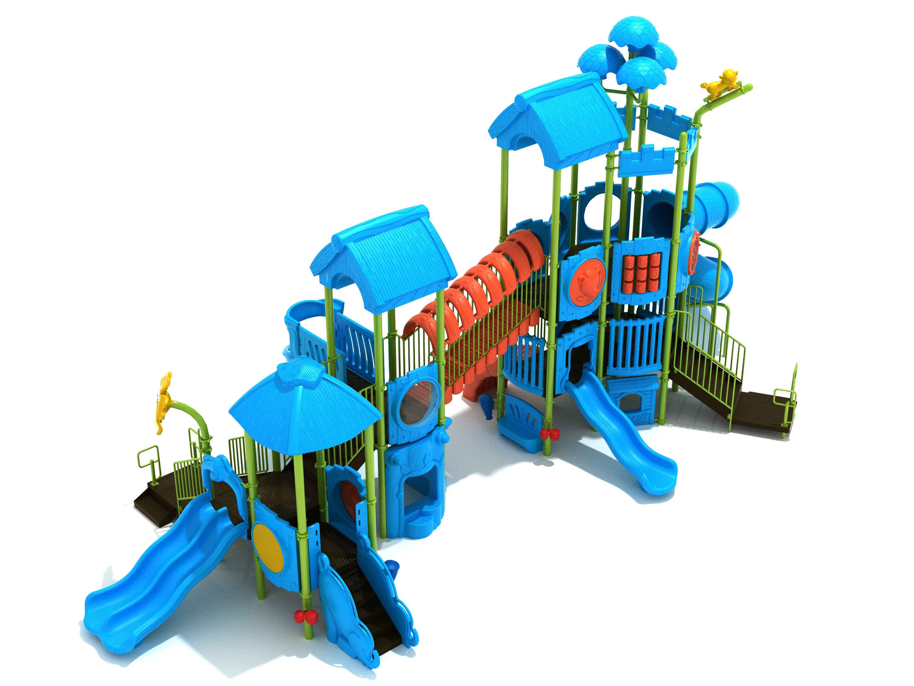 Colorful outdoor playground with slides, climbing tunnels, and blue, green, and orange lizard-themed panels.
