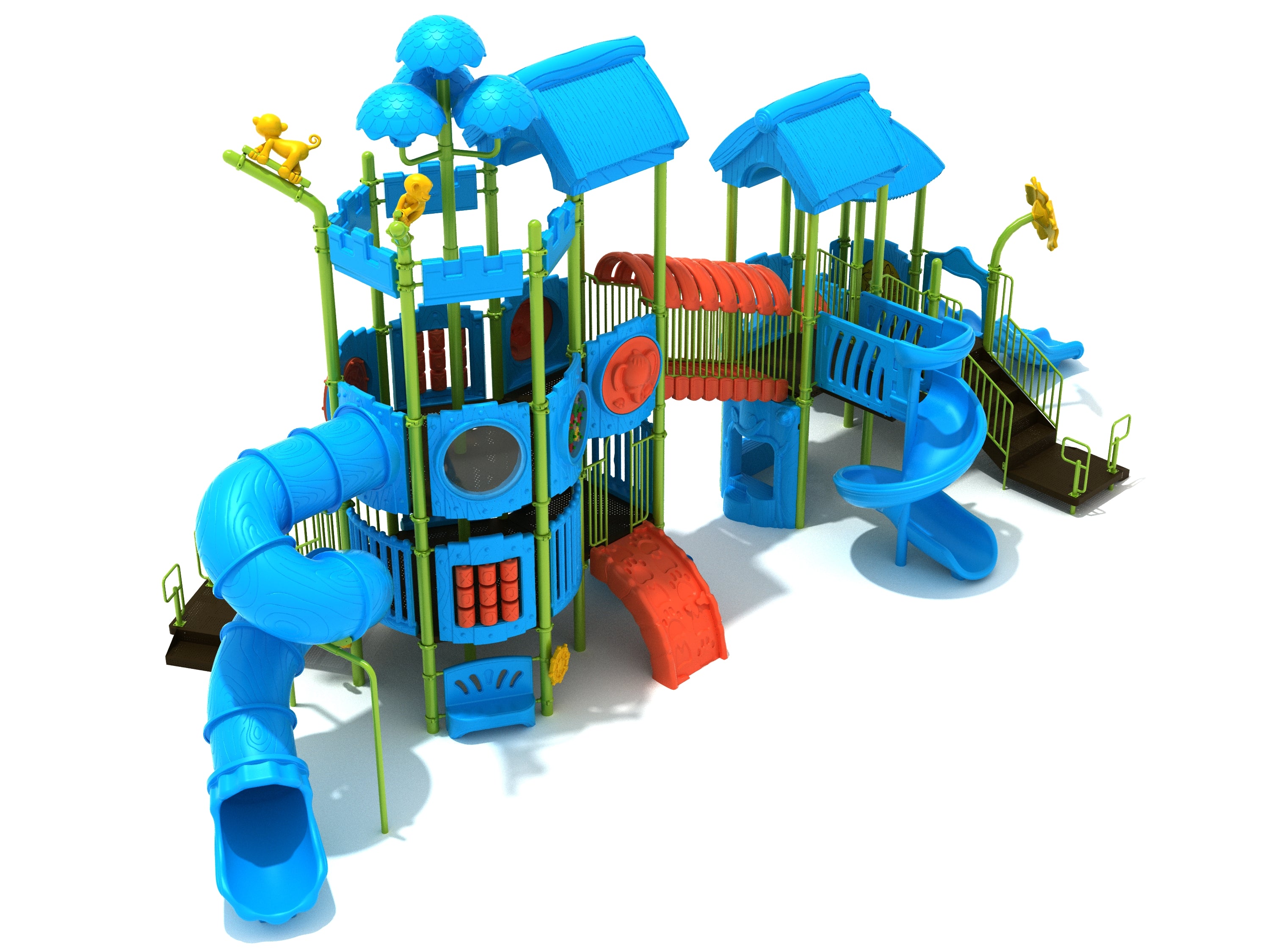 Colorful outdoor playground with blue slides, climbing structures, tunnels, and lizard-themed decorative elements