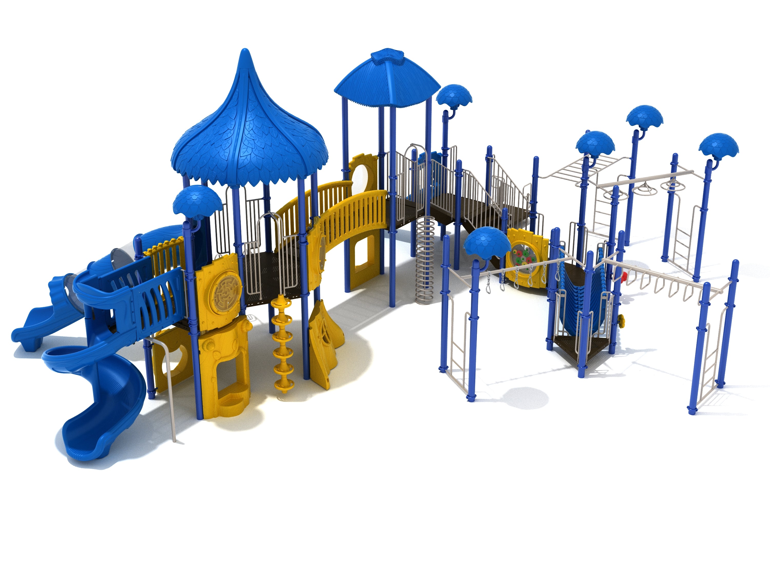 Crazy Capuchin Playground large play system with blue and yellow climbing structures, slides, and interactive play elements