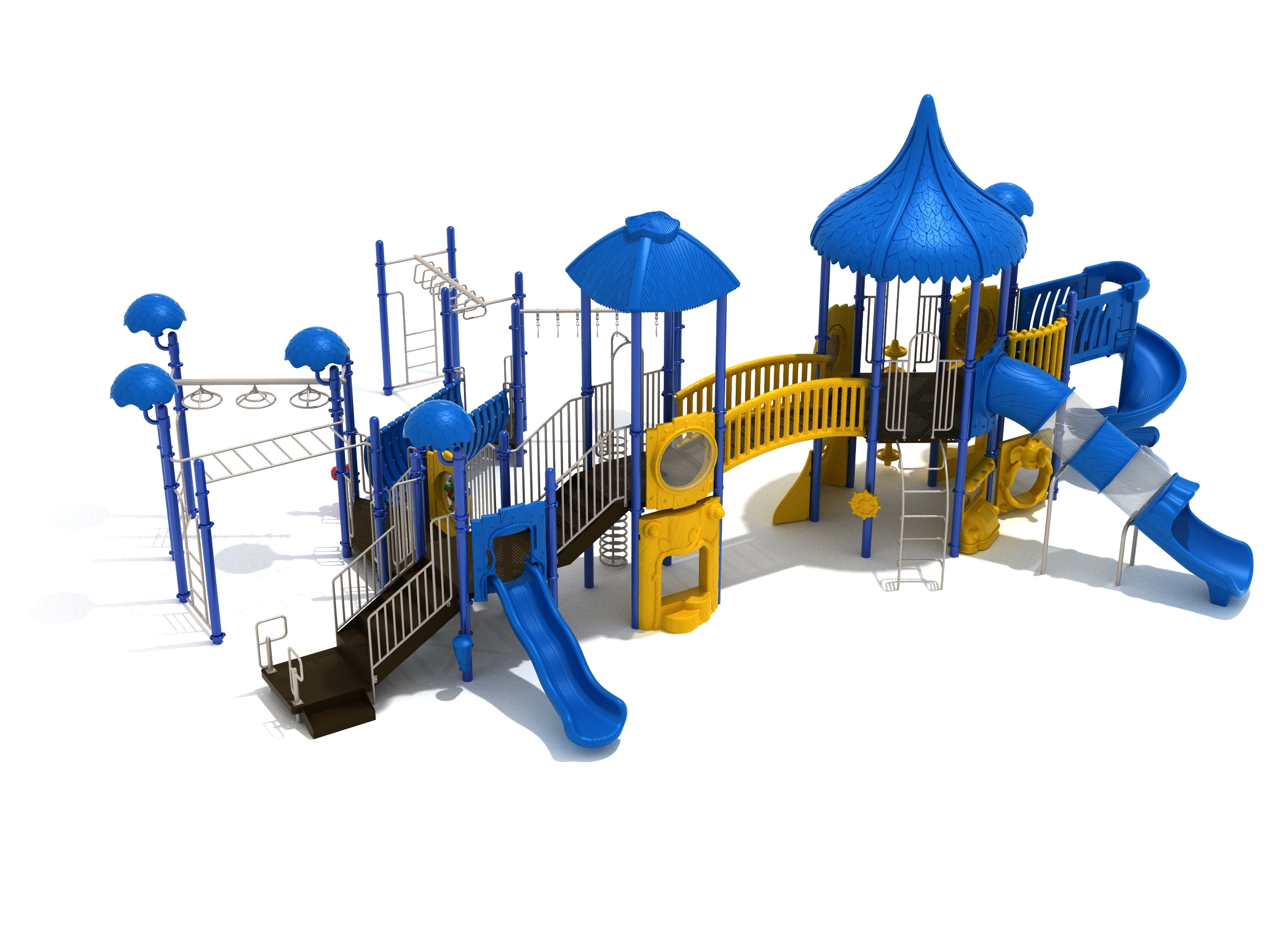 Outdoor playground with blue slides, yellow climbing panels, bridges, and multiple play towers for active children's play