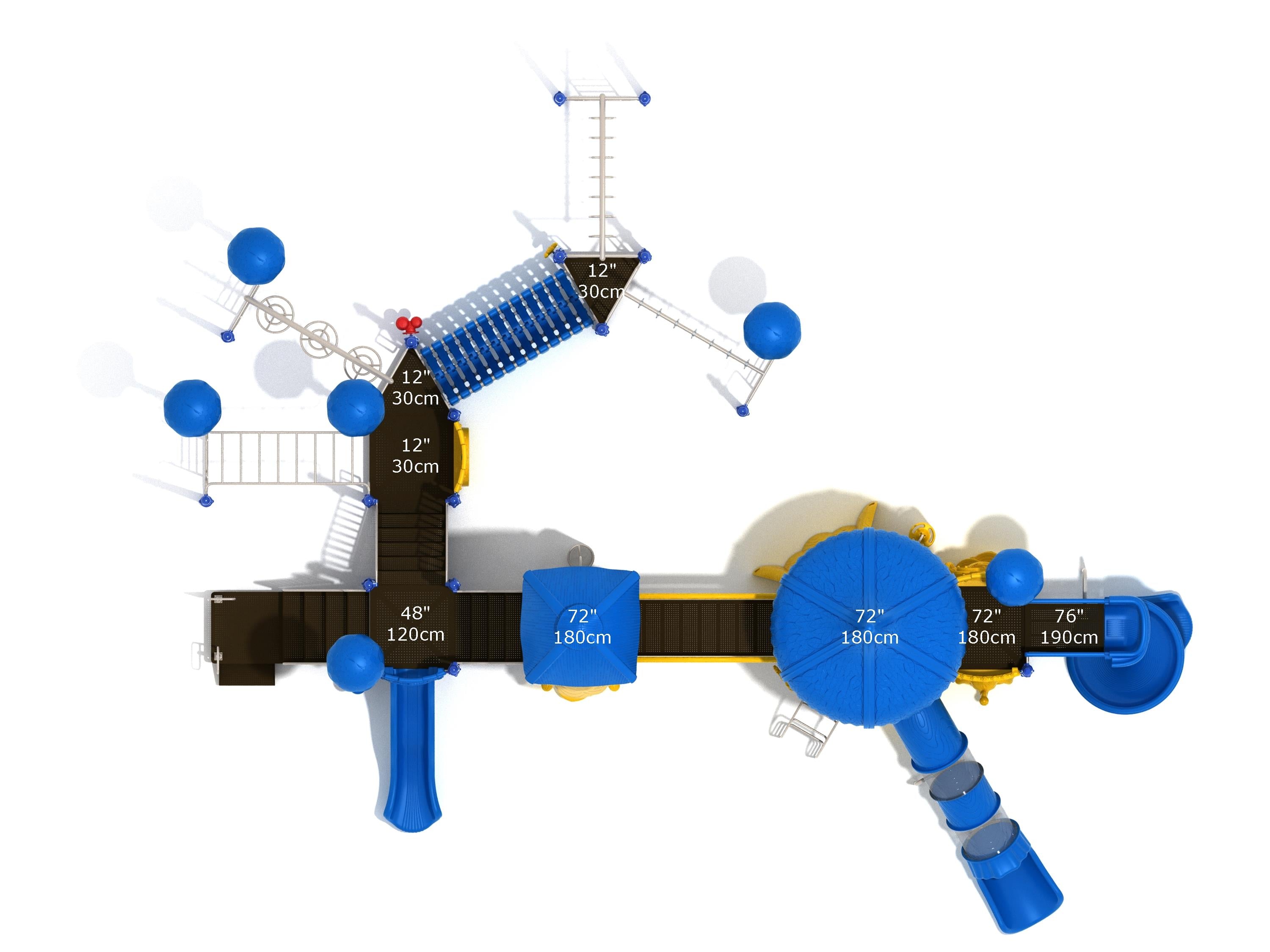 Overhead view of a vibrant blue and yellow playground with multiple slides, climbing structures, and shaded platforms