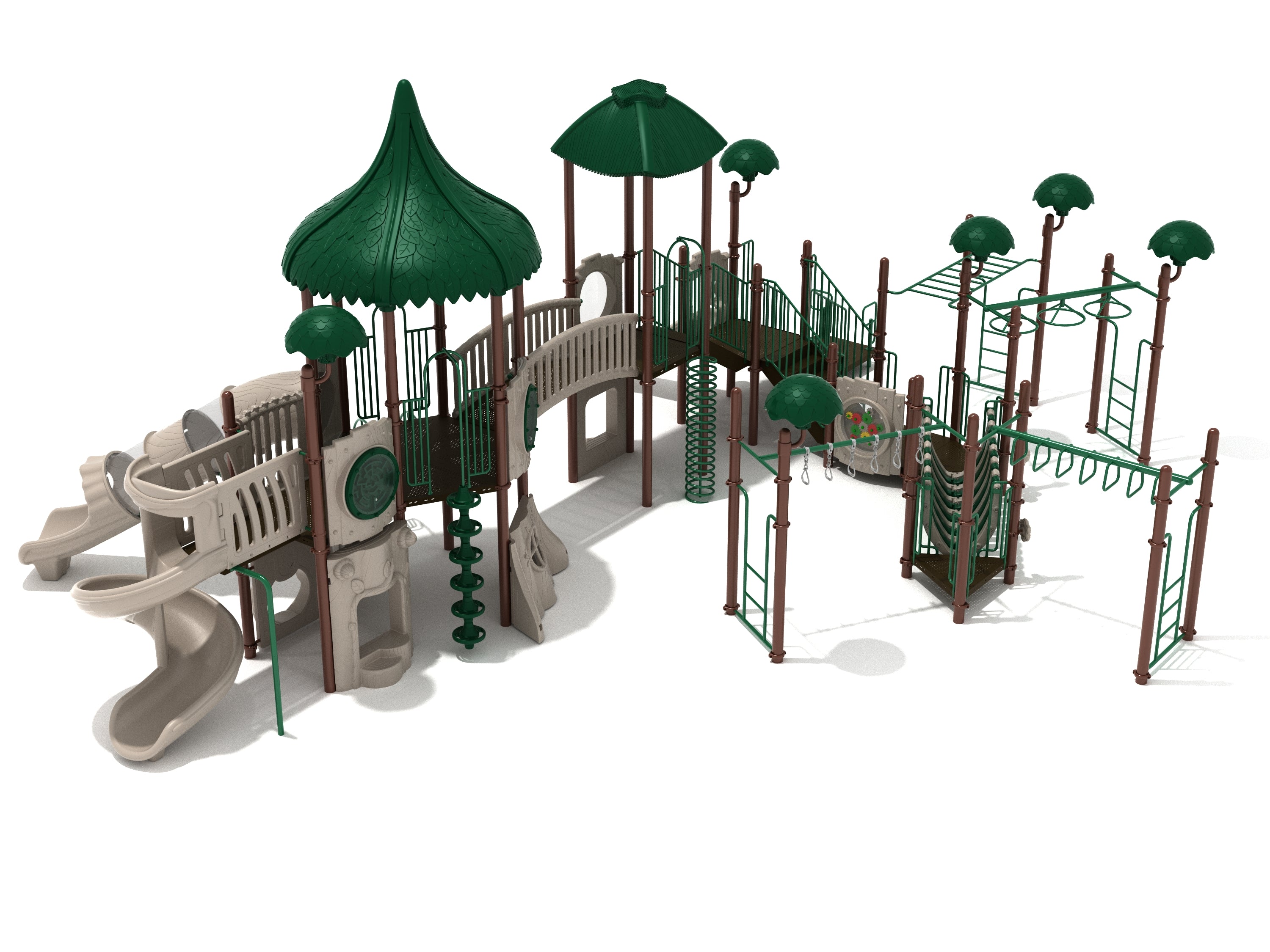 Outdoor playground with slides, climbing structures, bridges, monkey bars, and green leaf-shaped canopies.