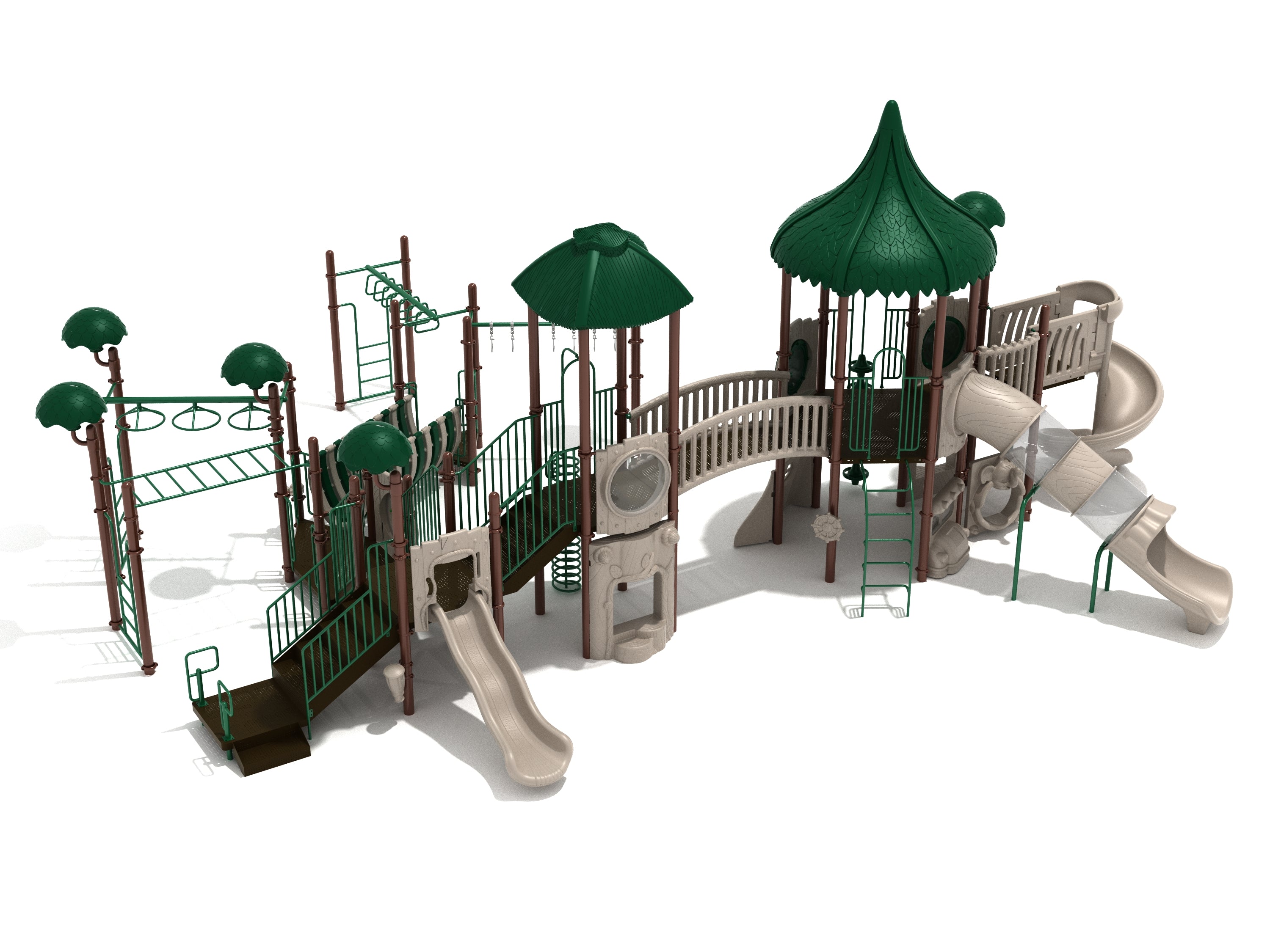 Outdoor playground with slides, climbing structures, bridges, and green canopy roofs for active children's play