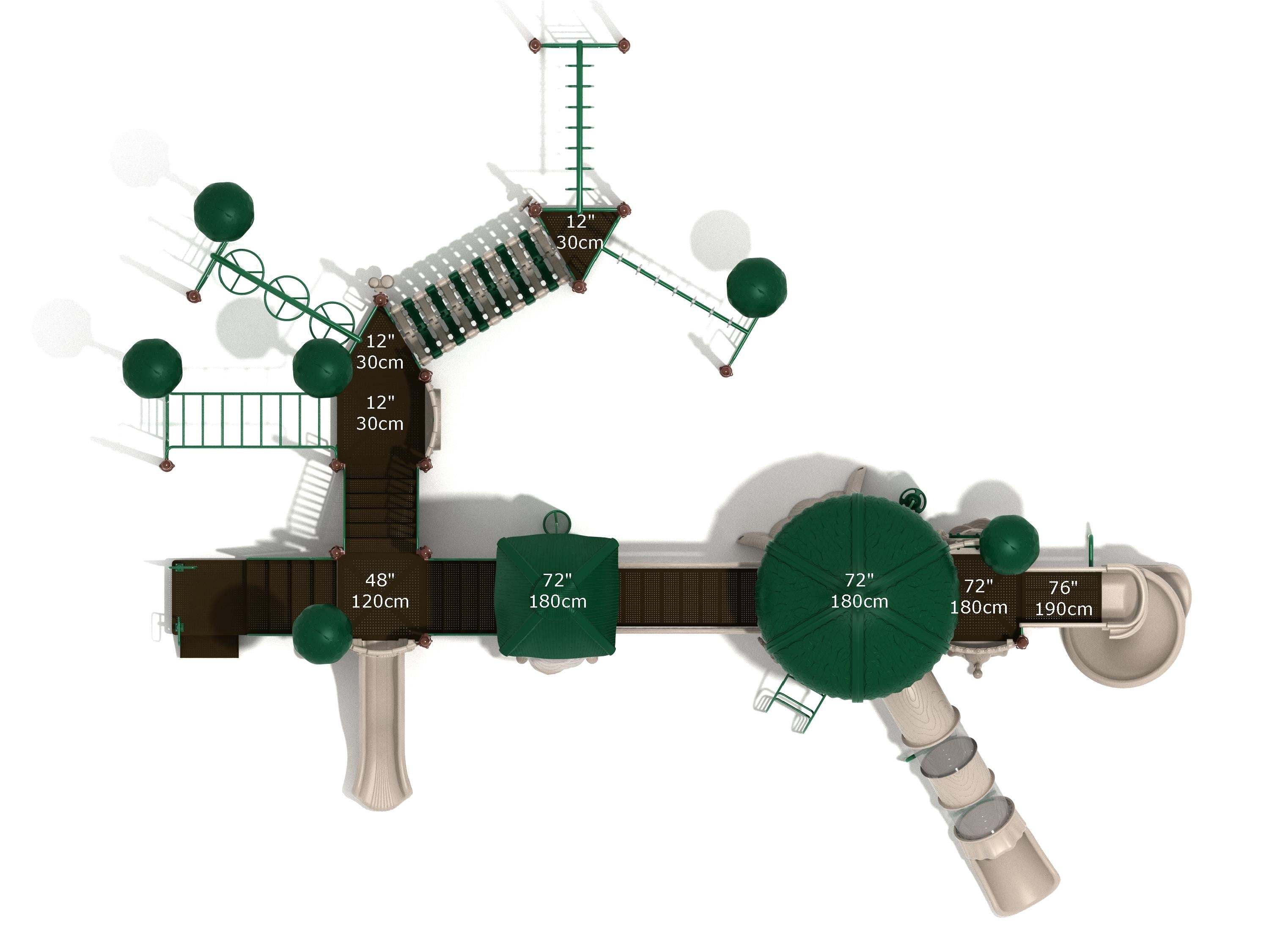 Overhead view of a large playground with green canopies, multiple slides, climbing structures, and connecting walkways