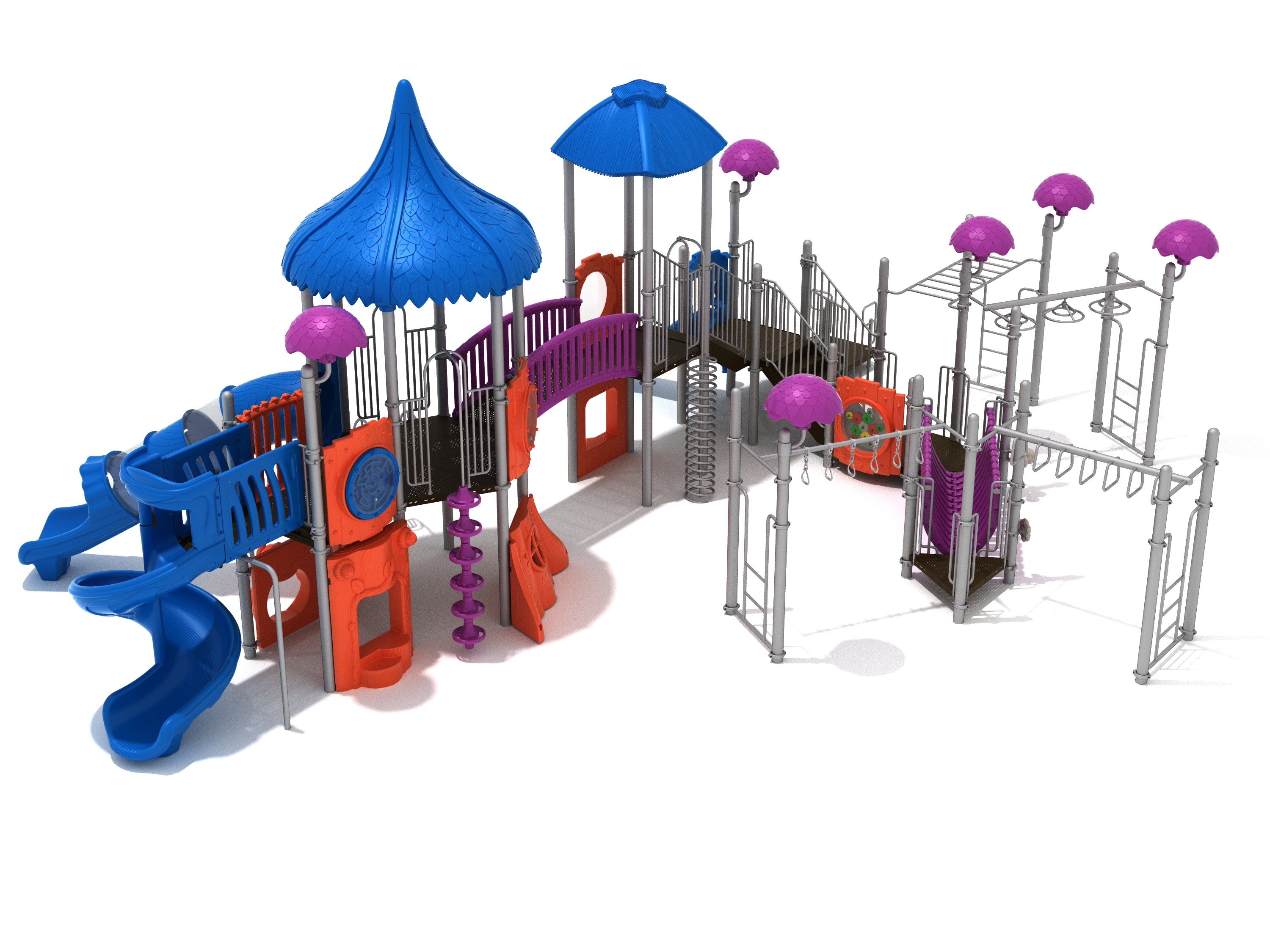 Colorful outdoor playground with blue slides, purple climbing structures, orange panels, and mushroom-shaped canopies