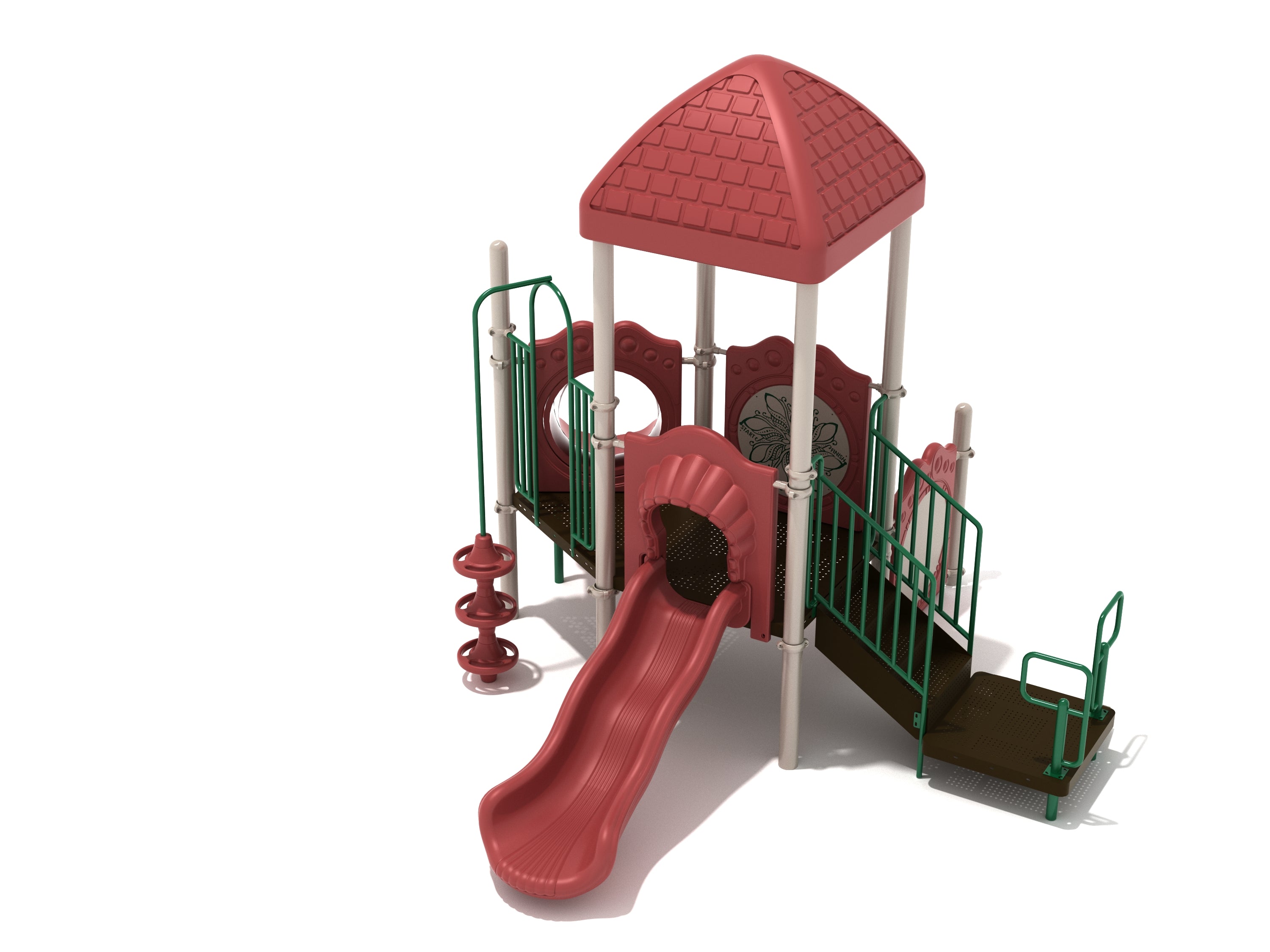 Compact playground structure with red wave slide, enclosed tube slide, square roof, green railings, drum and maze activity panels.