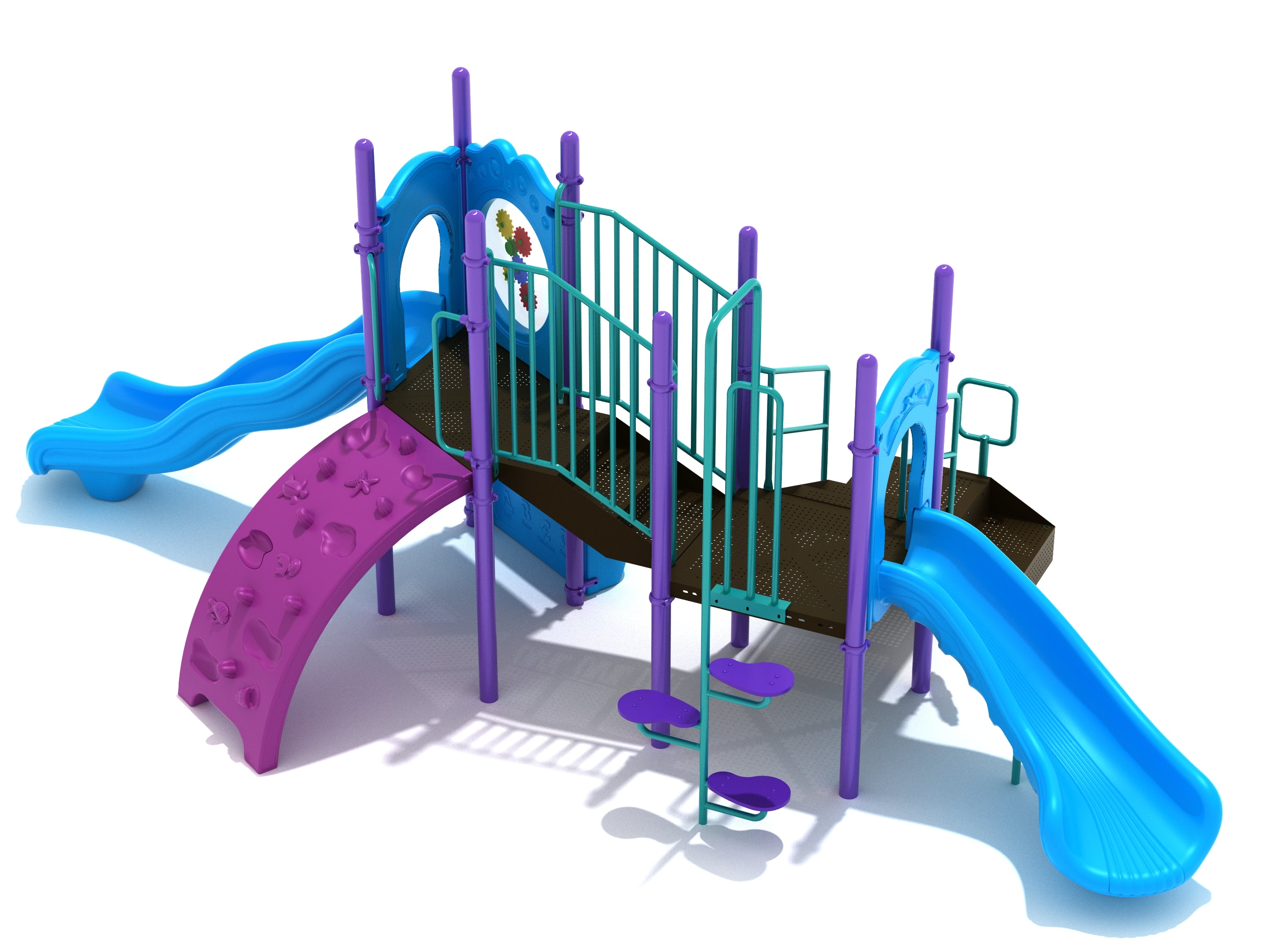 Nautical-themed playground with two blue slides, seashell and starfish climber, teal railings, and interactive play panels.