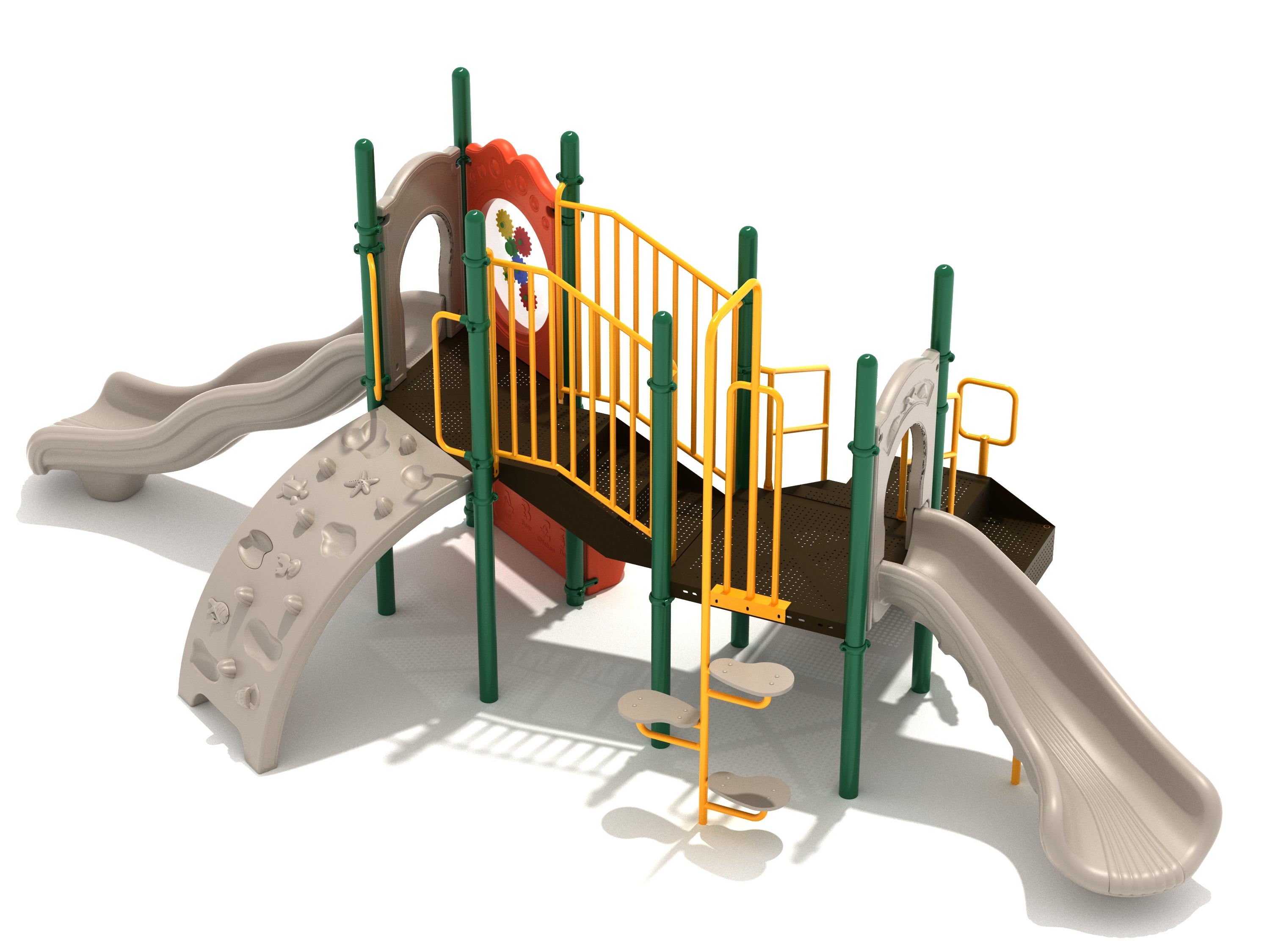 Nautical-themed playground with two slides, seashell and starfish climber, gear panel, and ship's wheel for imaginative play