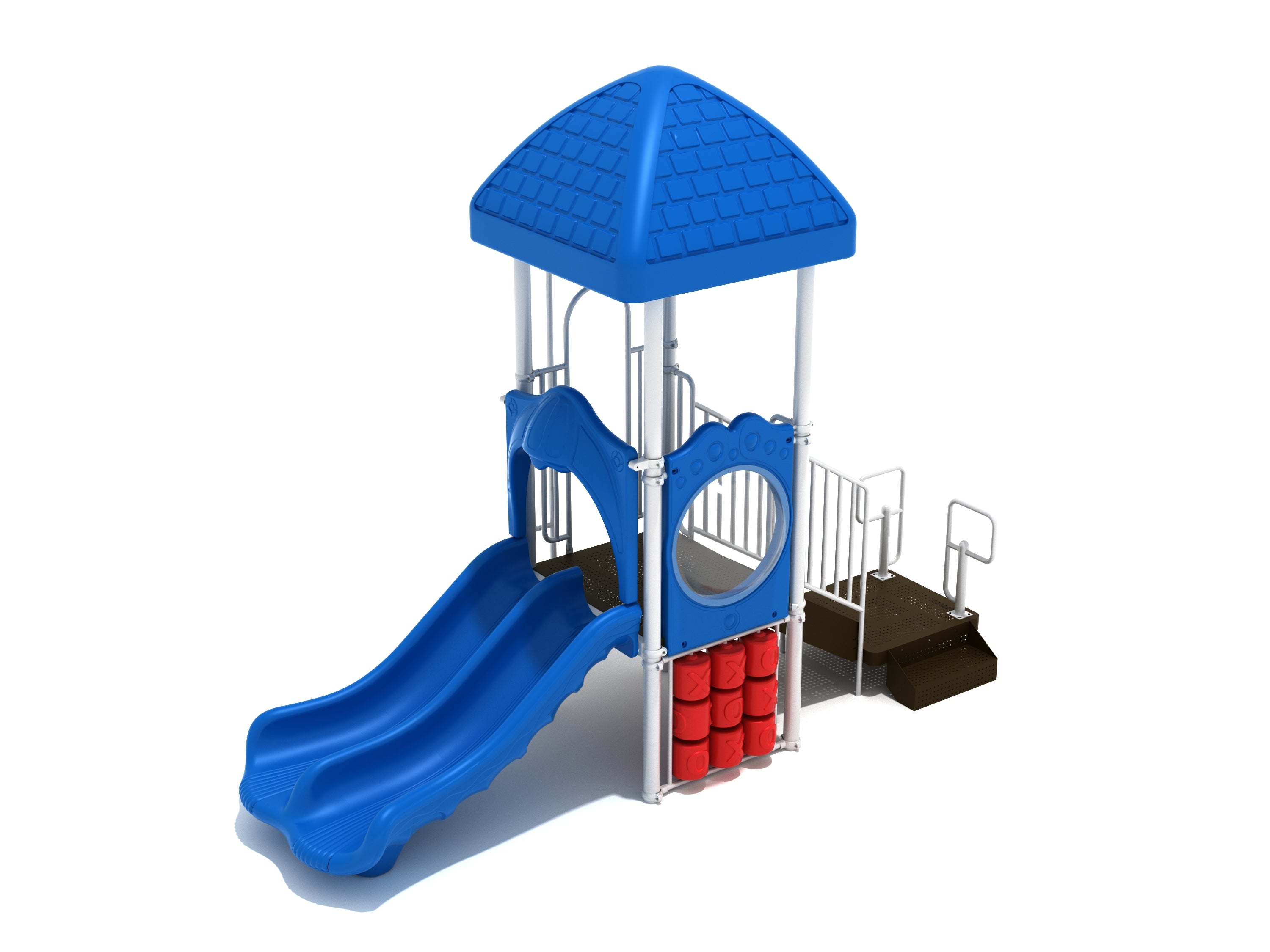 Compact playground structure with blue double slide, tic-tac-toe panel, bubble window, vertical snake ladder, and square roof