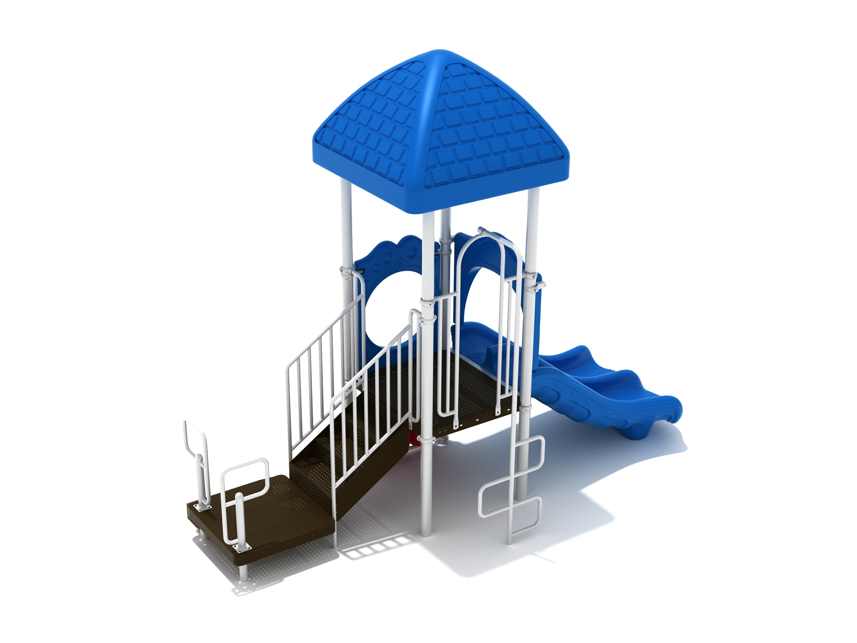 Playground structure with blue square roof, double wave slide, transfer station stairs, vertical snake ladder, and tic-tac-toe panel