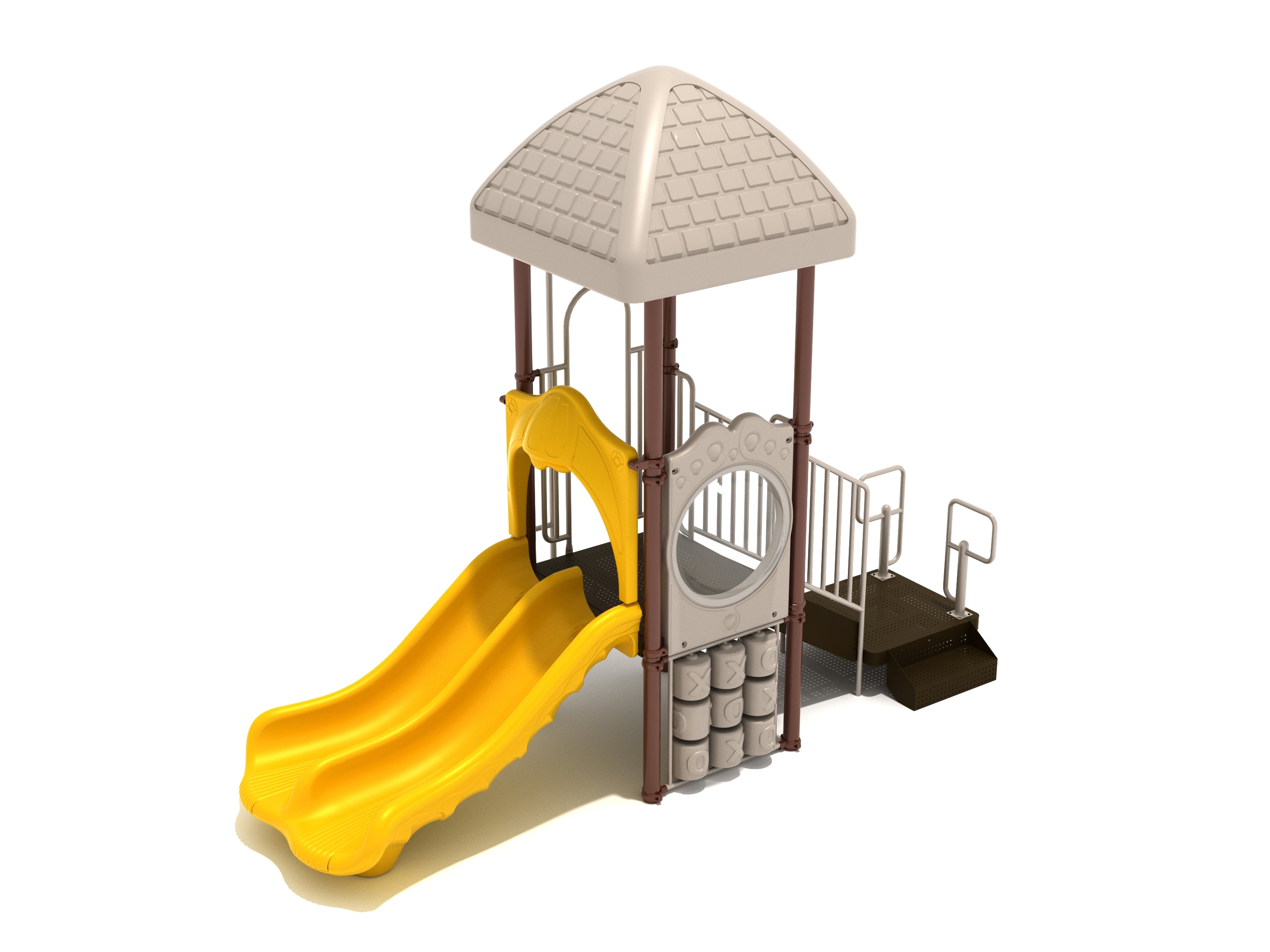 Beech Grove Playground with yellow double slide, tic-tac-toe panel, bubble window, and square roof play structure