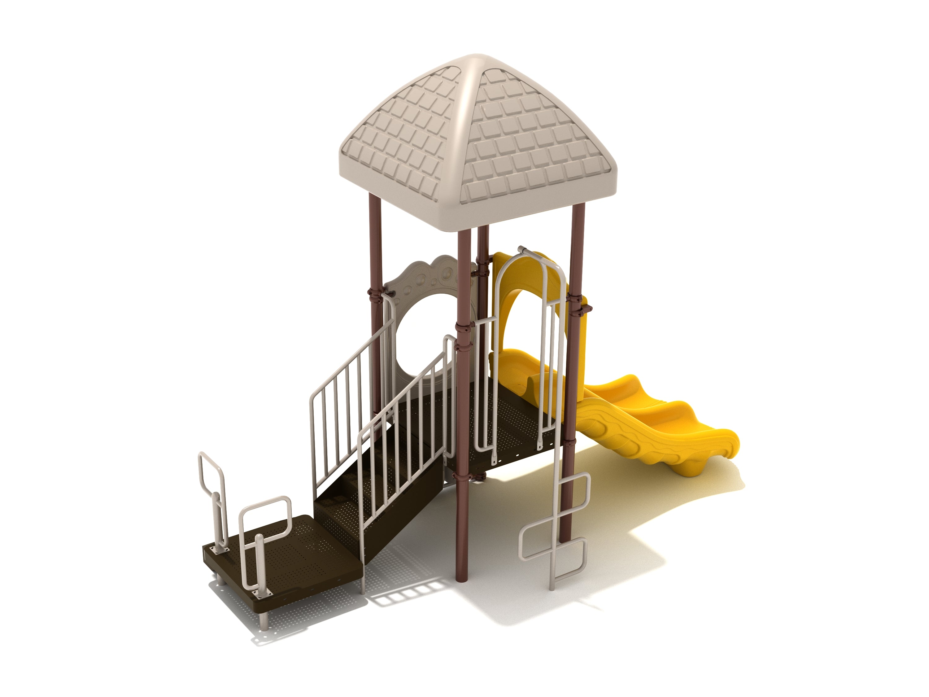 Overhead view of a children's playground with beige square roof, brown platform, yellow double slide, stairs, and vertical ladder