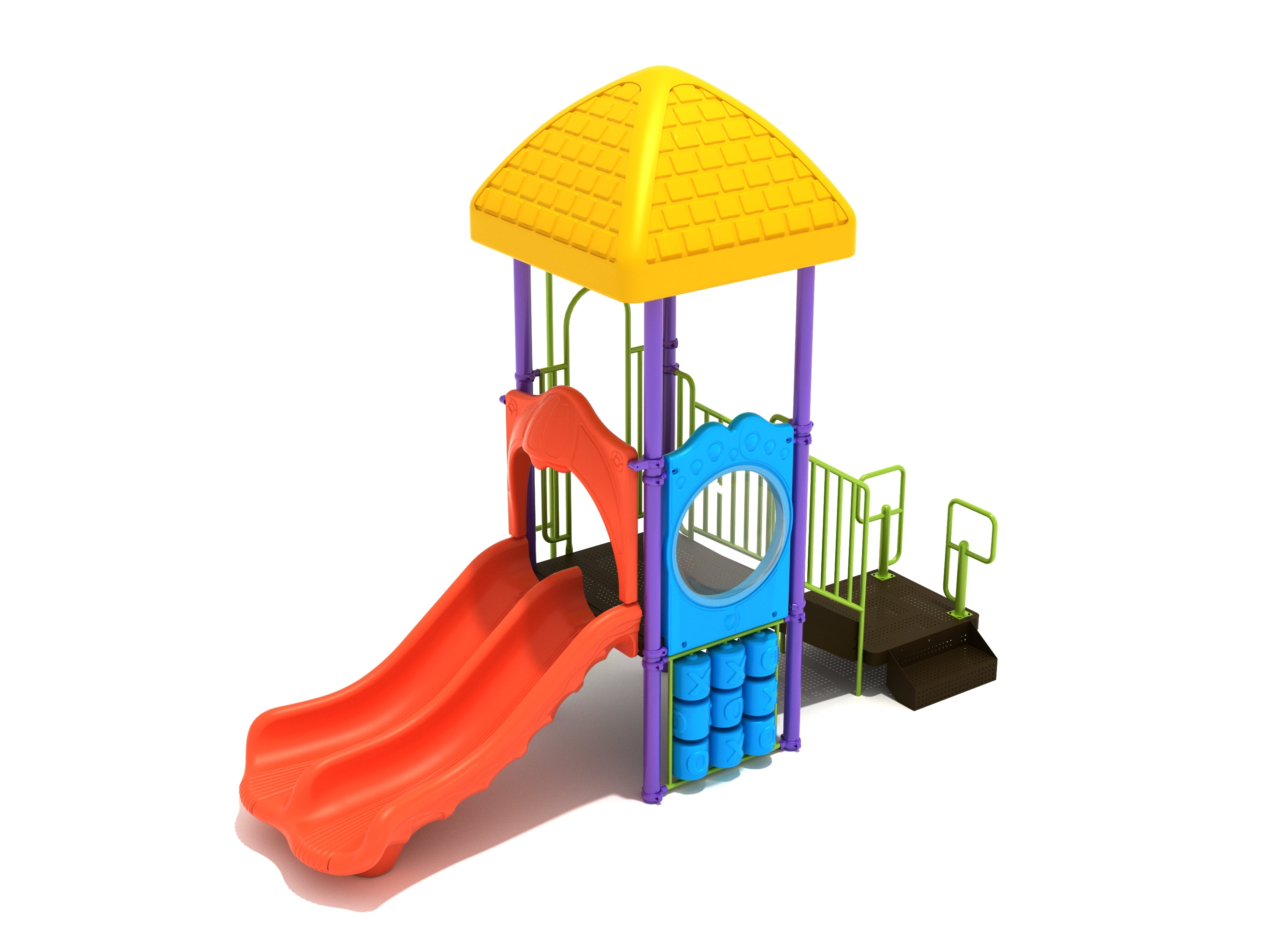 Colorful children's playground with double slide, tic-tac-toe panel, bubble window, vertical ladder, and yellow roof