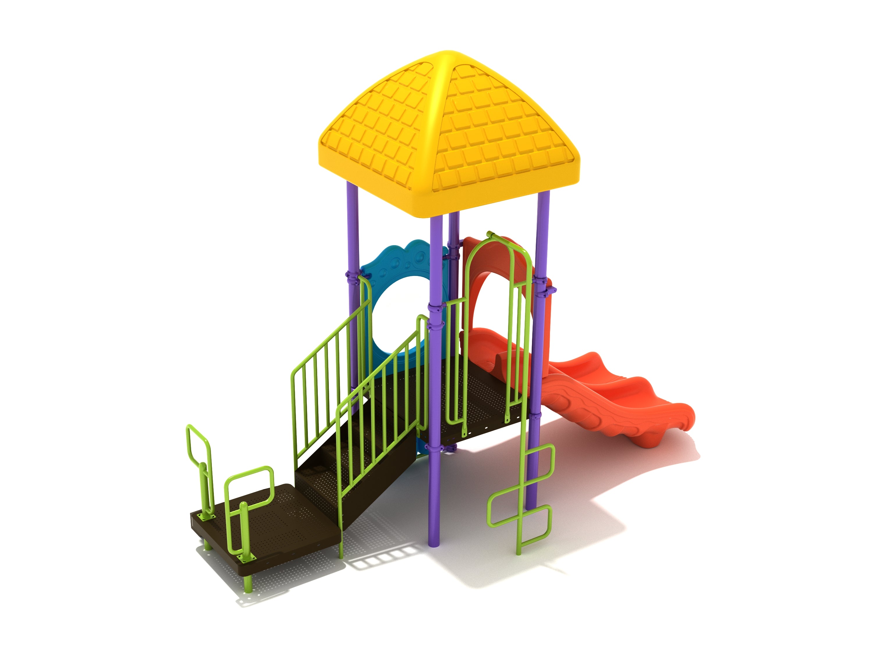 Colorful children's playground with yellow roof, green railings, red double slide, purple supports, and interactive panels.