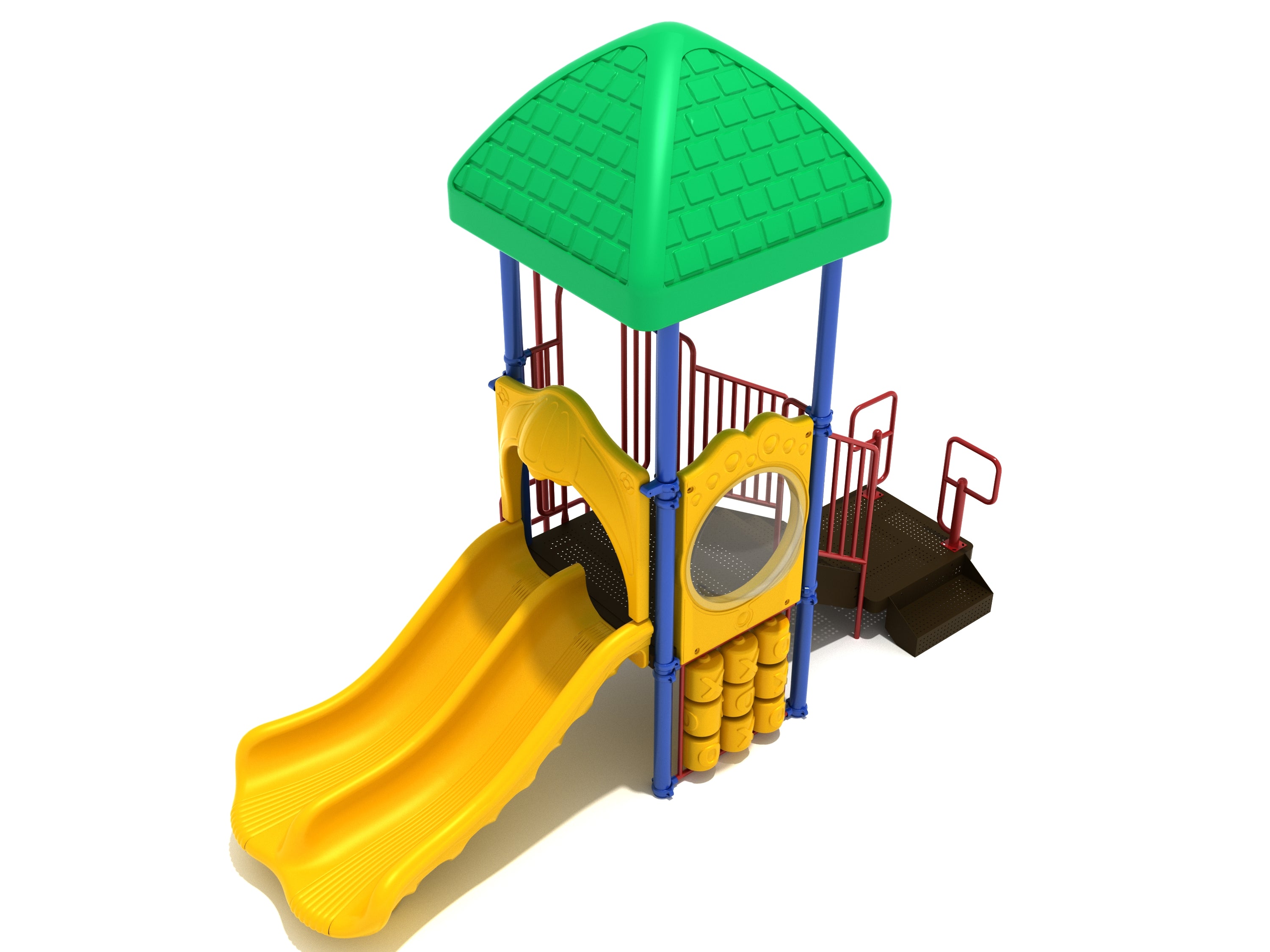 Playground structure with green roof, yellow double slide, bubble window, and tic-tac-toe panel on black platform