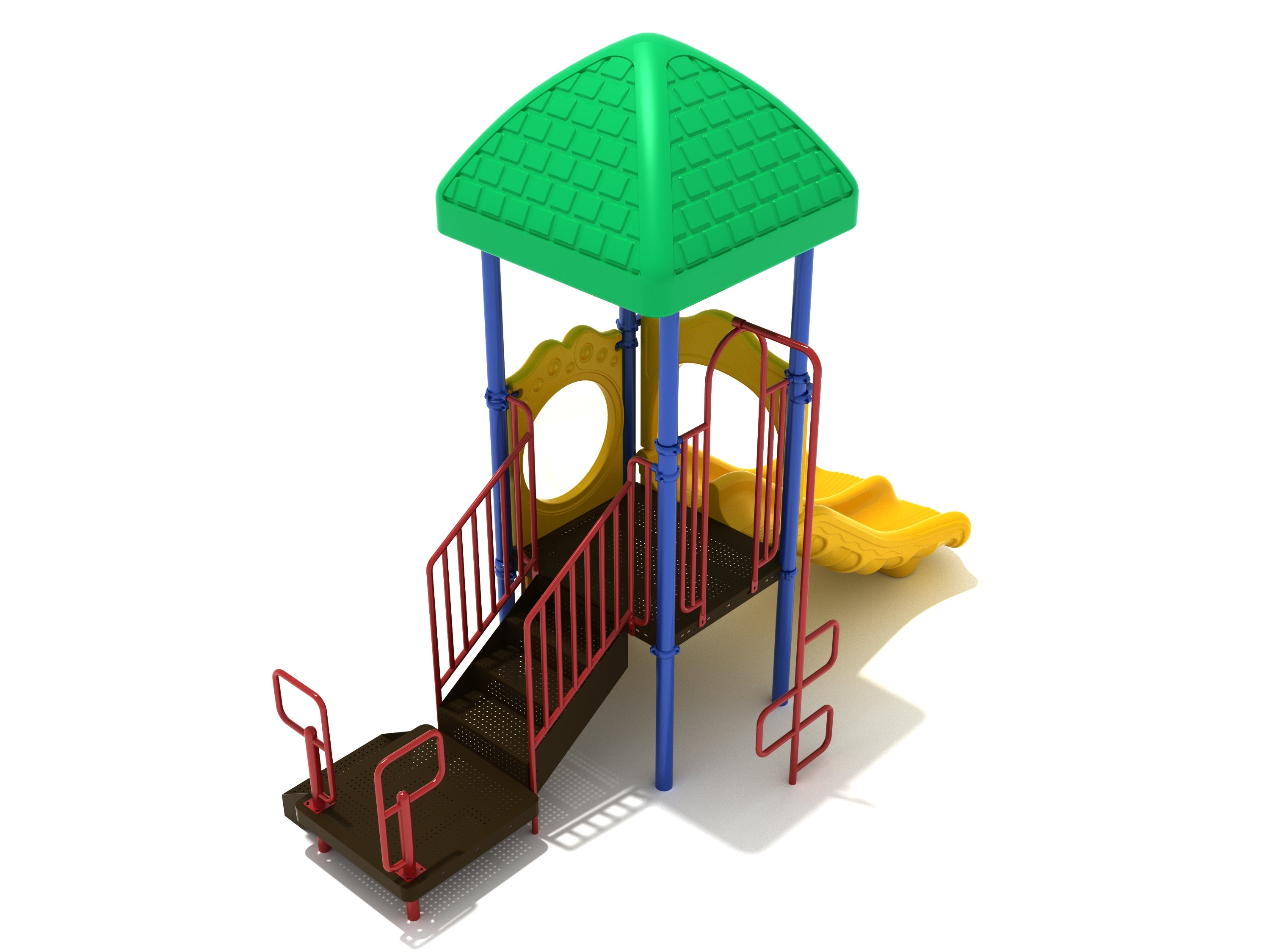 Colorful playground structure with green roof, yellow double slide, red railings, blue supports, and interactive panels