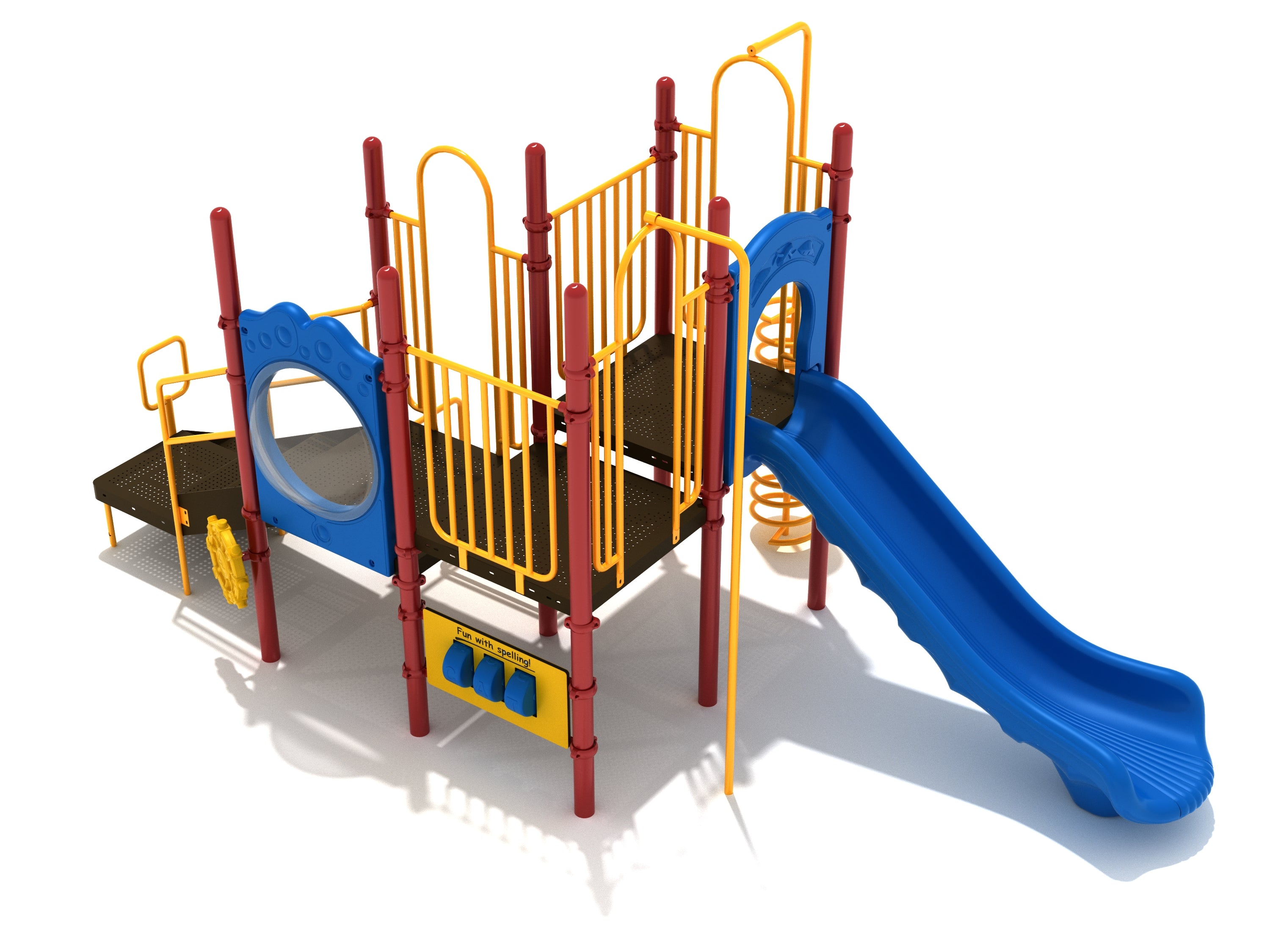 Colorful playground structure with blue slide, spiral climber, ship’s wheel, fireman pole, and spelling panel on elevated platforms