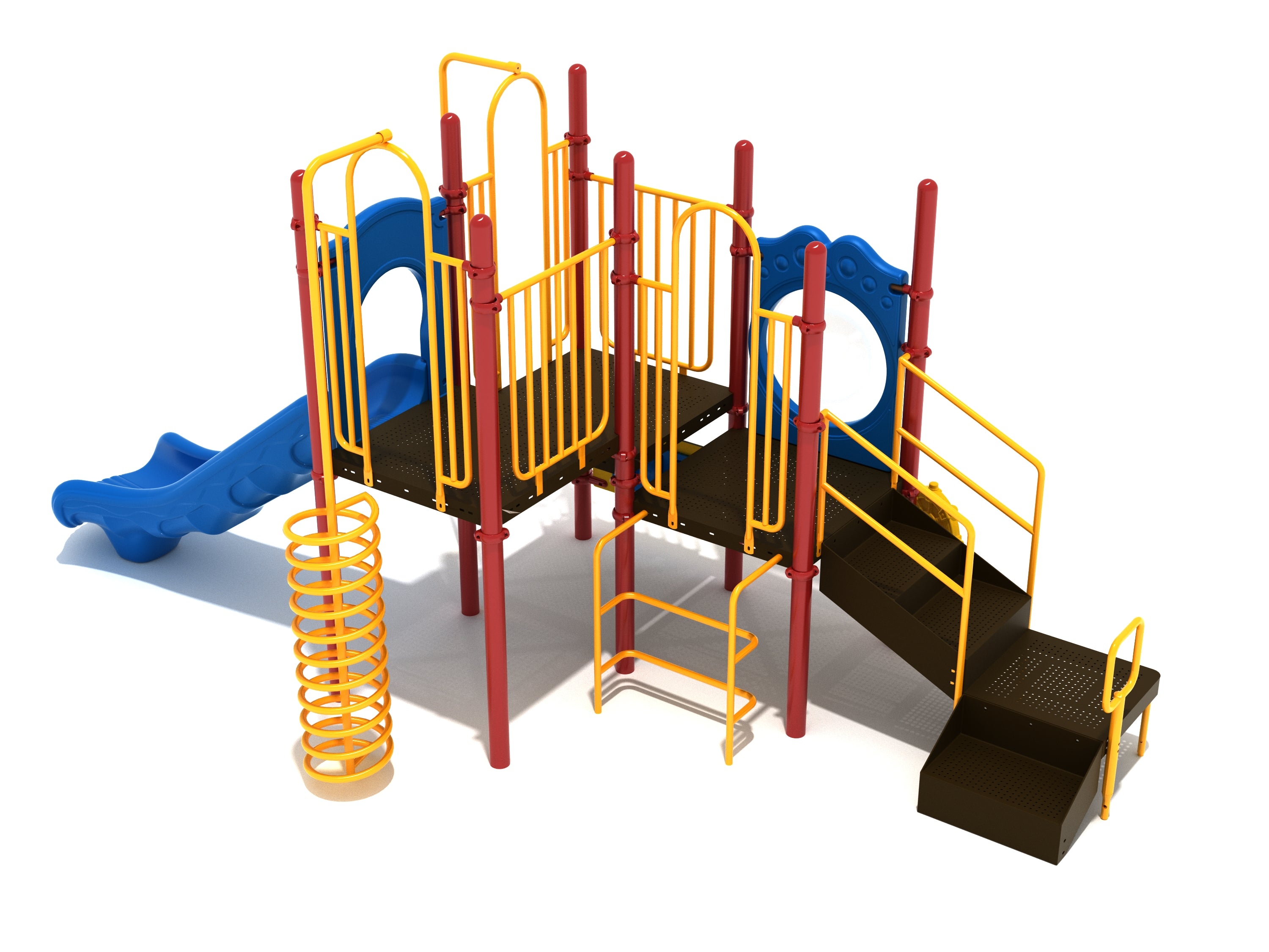 Colorful playground structure with blue straight slide, spiral climber, stairs, fireman pole, platforms, and safety railings