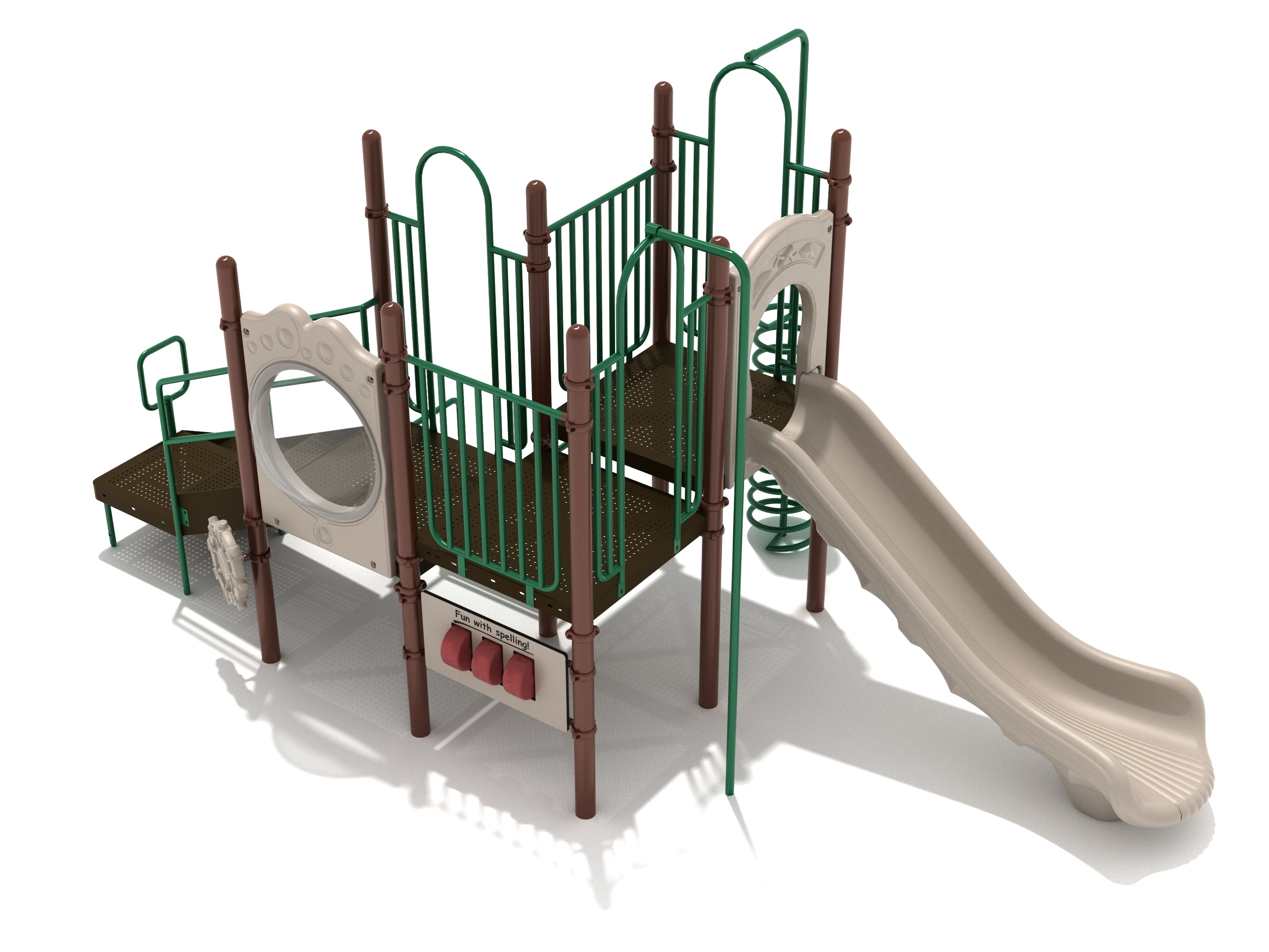 Ponte Vedra Playground with green and brown slide, spiral climber, fireman pole, spelling panel, and ship’s wheel play structure