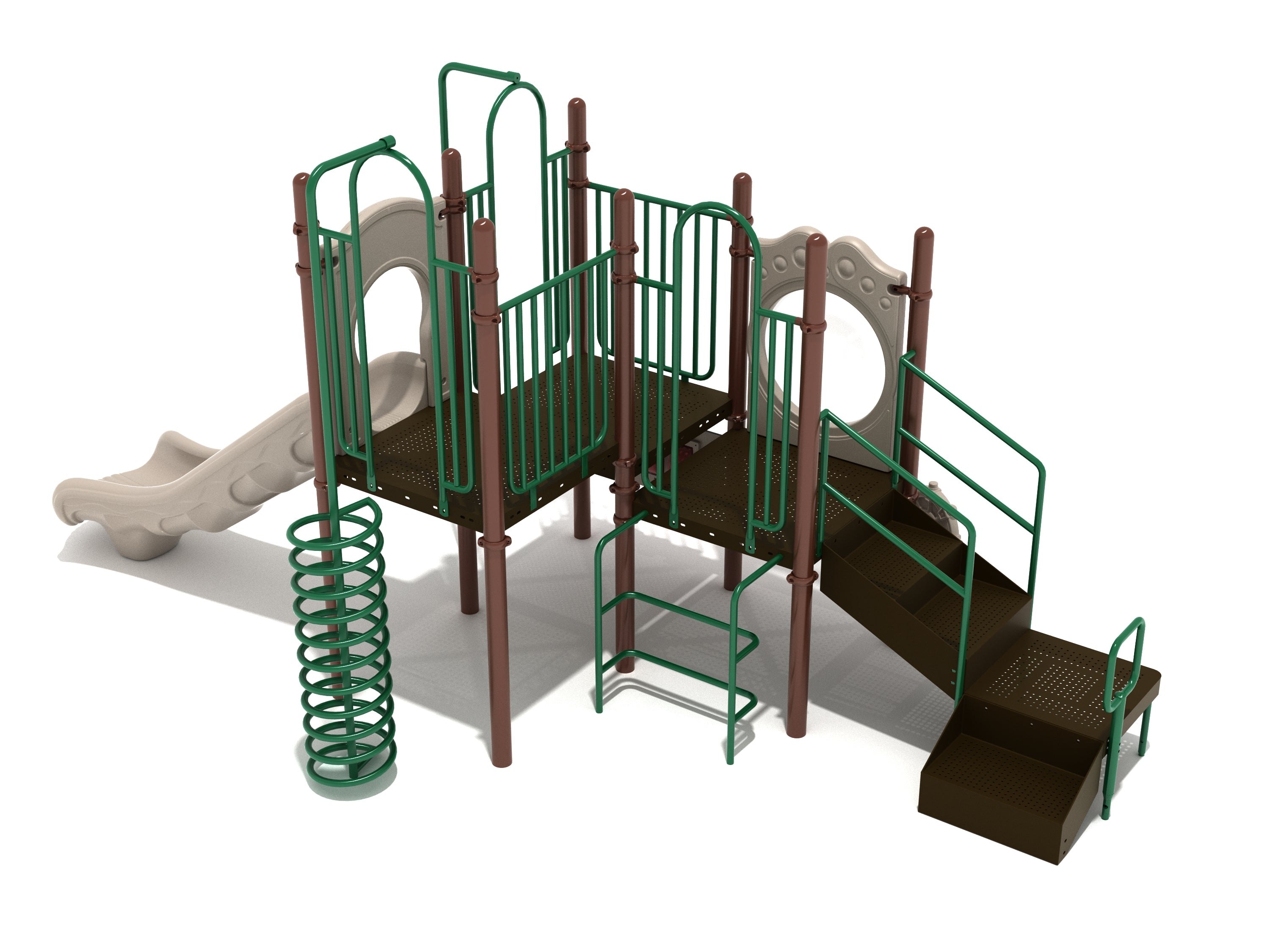 Elevated playground structure with green spiral climber, beige slide, stairs, platforms, safety railings, and play panels