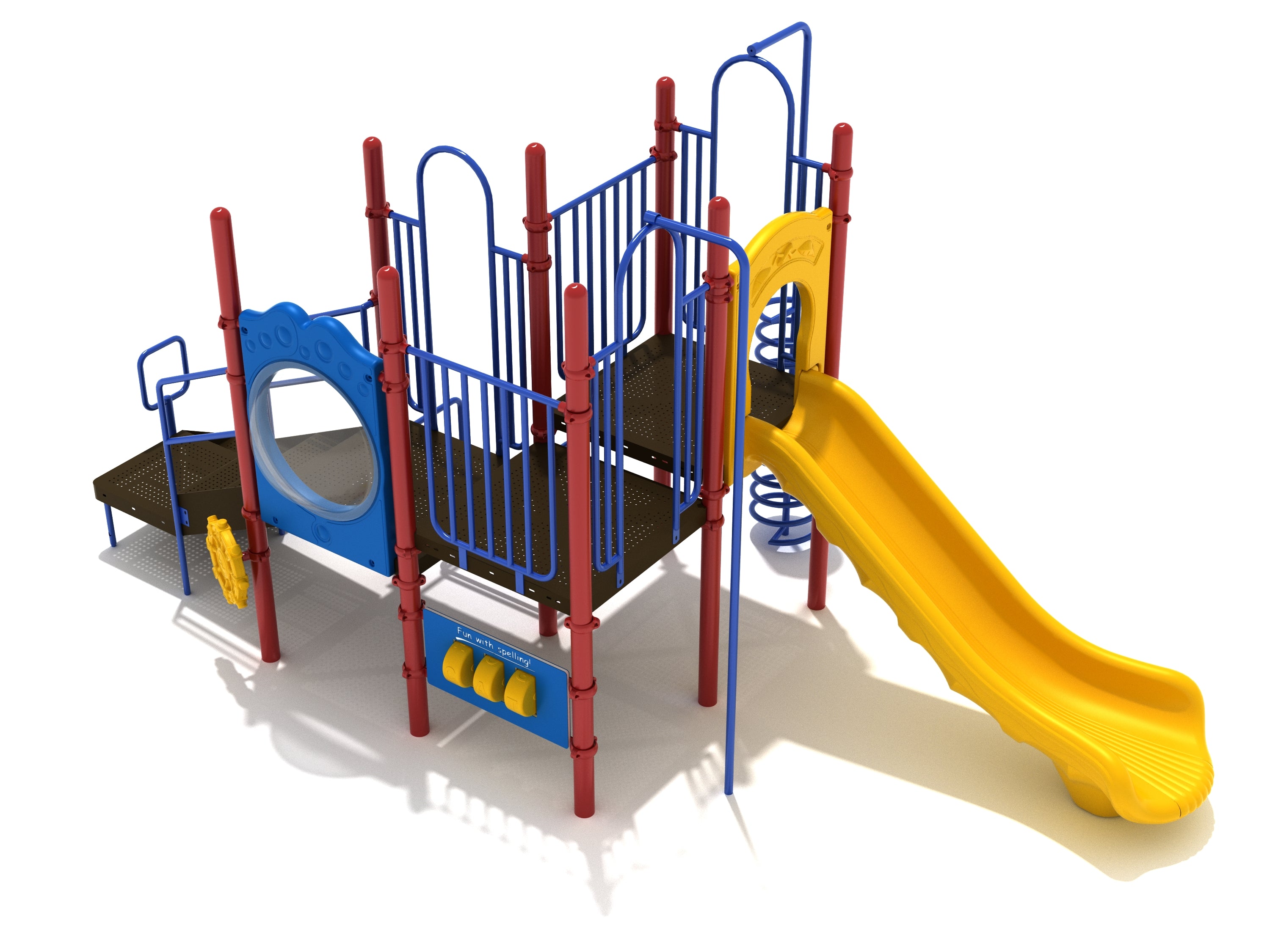 Colorful playground structure with yellow slide, blue climbing panels, red posts, fireman pole, and interactive play features including a spelling panel and ship’s wheel