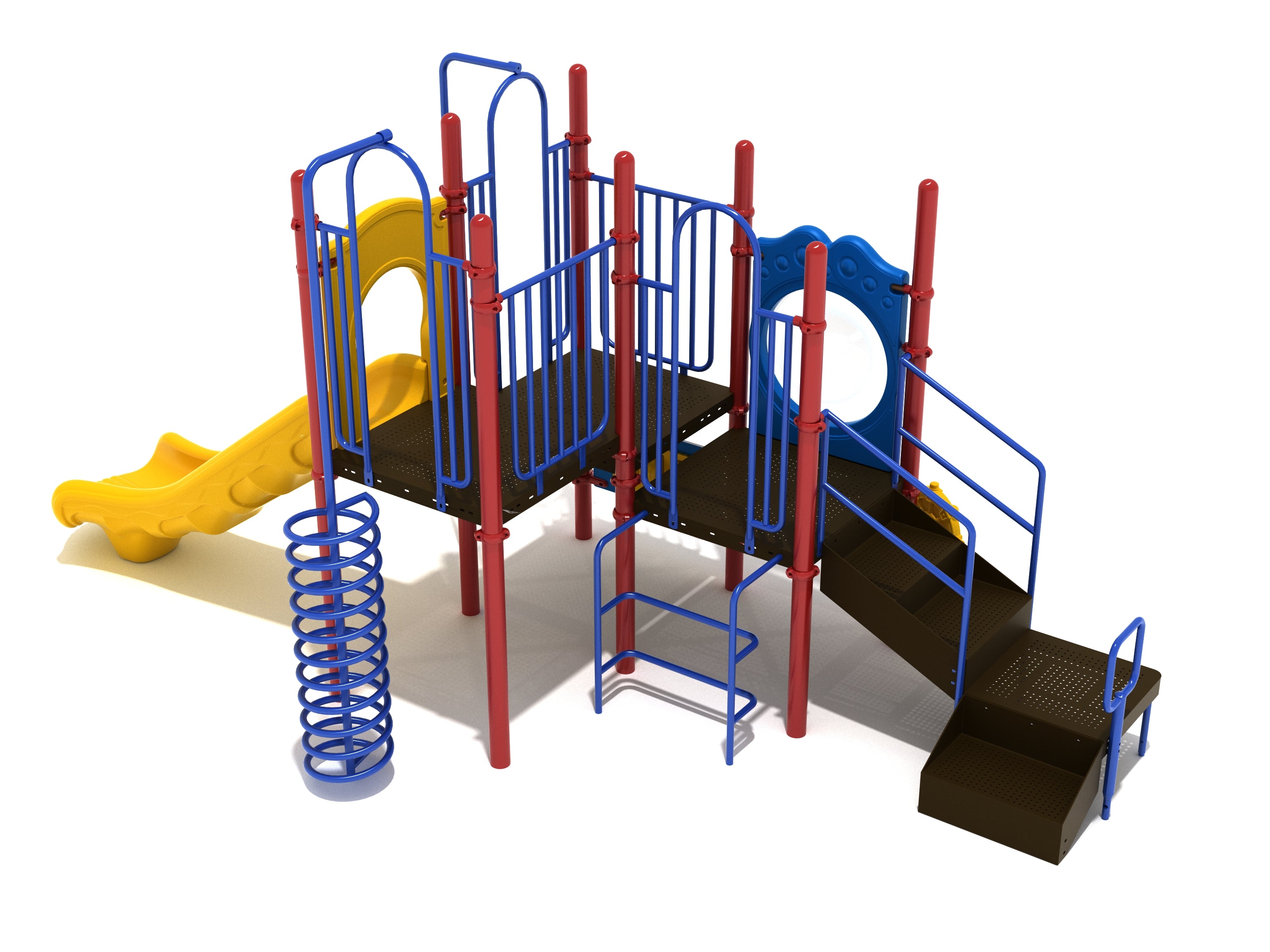 Colorful playground structure with yellow straight slide, spiral climber, stairs, platforms, blue railings, fireman pole, and play panels.