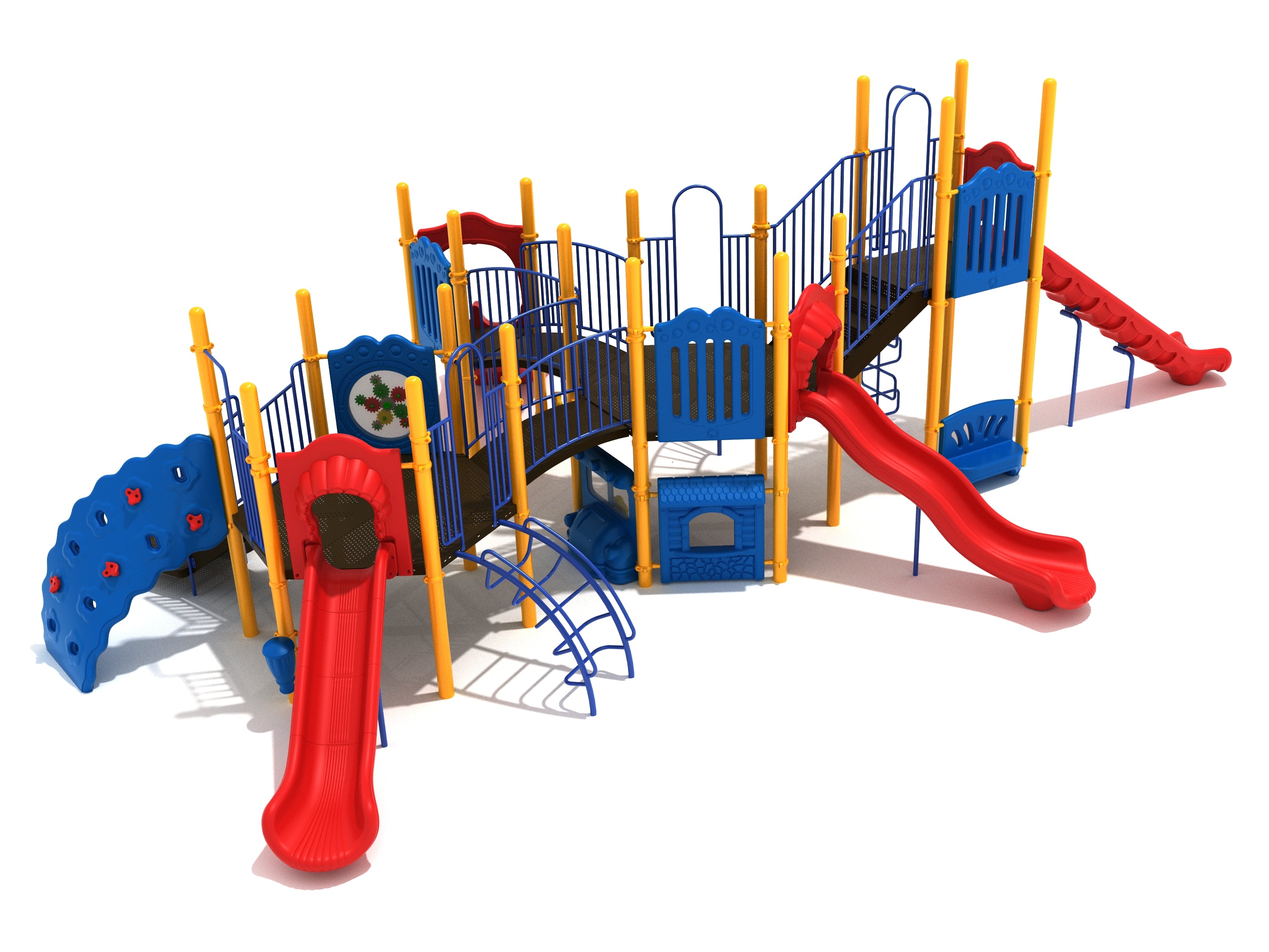 Colorful playground structure with multiple red slides, blue climbing walls, yellow support poles, and connecting bridges