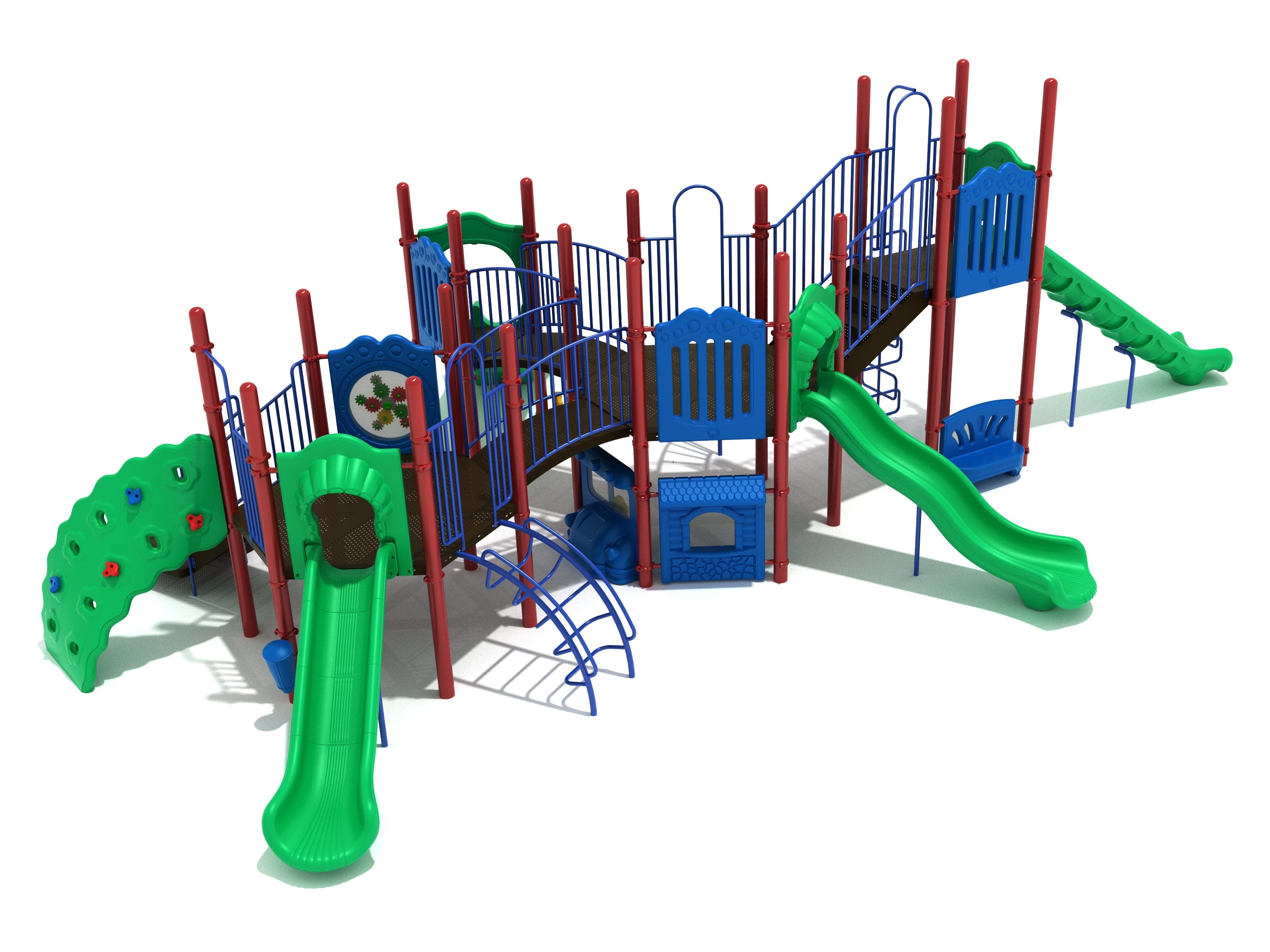 Large playground structure with multiple green slides, blue railings, red posts, climbing walls, gear panel, and interconnected platforms.