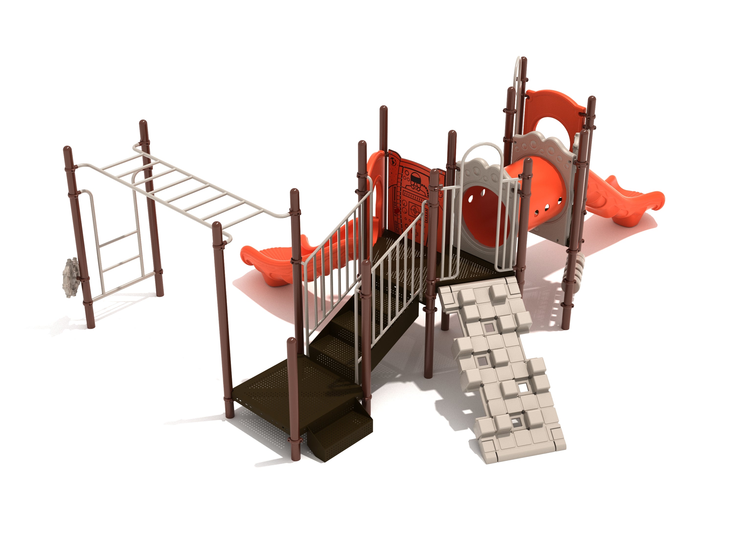 Duluth Playground large play system with slides, tube bridge, climbing ramp, monkey bars, interactive panels, and ship’s wheels