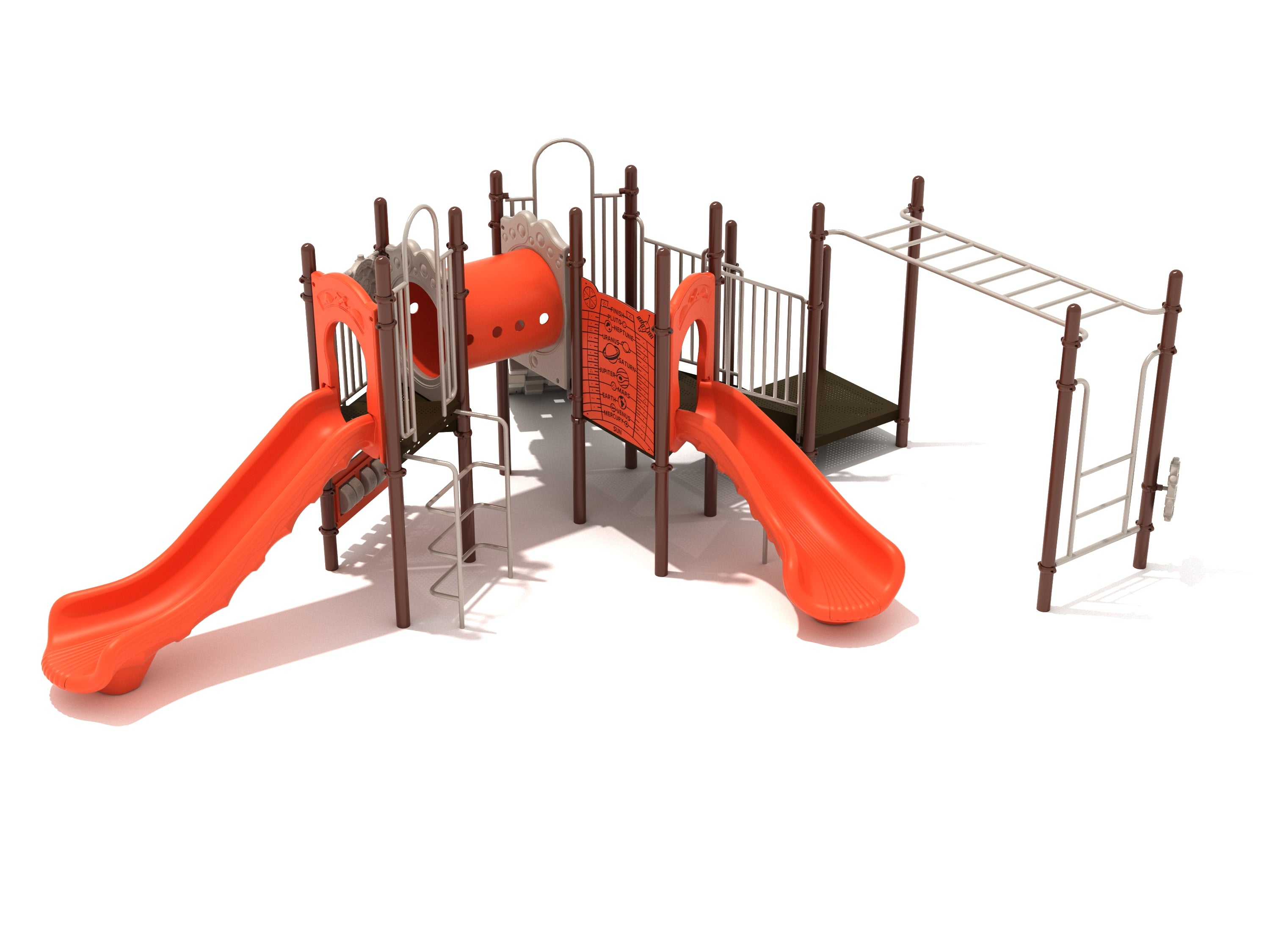 Playground structure with two orange slides, tube tunnel, climbing ladder, monkey bars, interactive panels, and ship’s wheels.