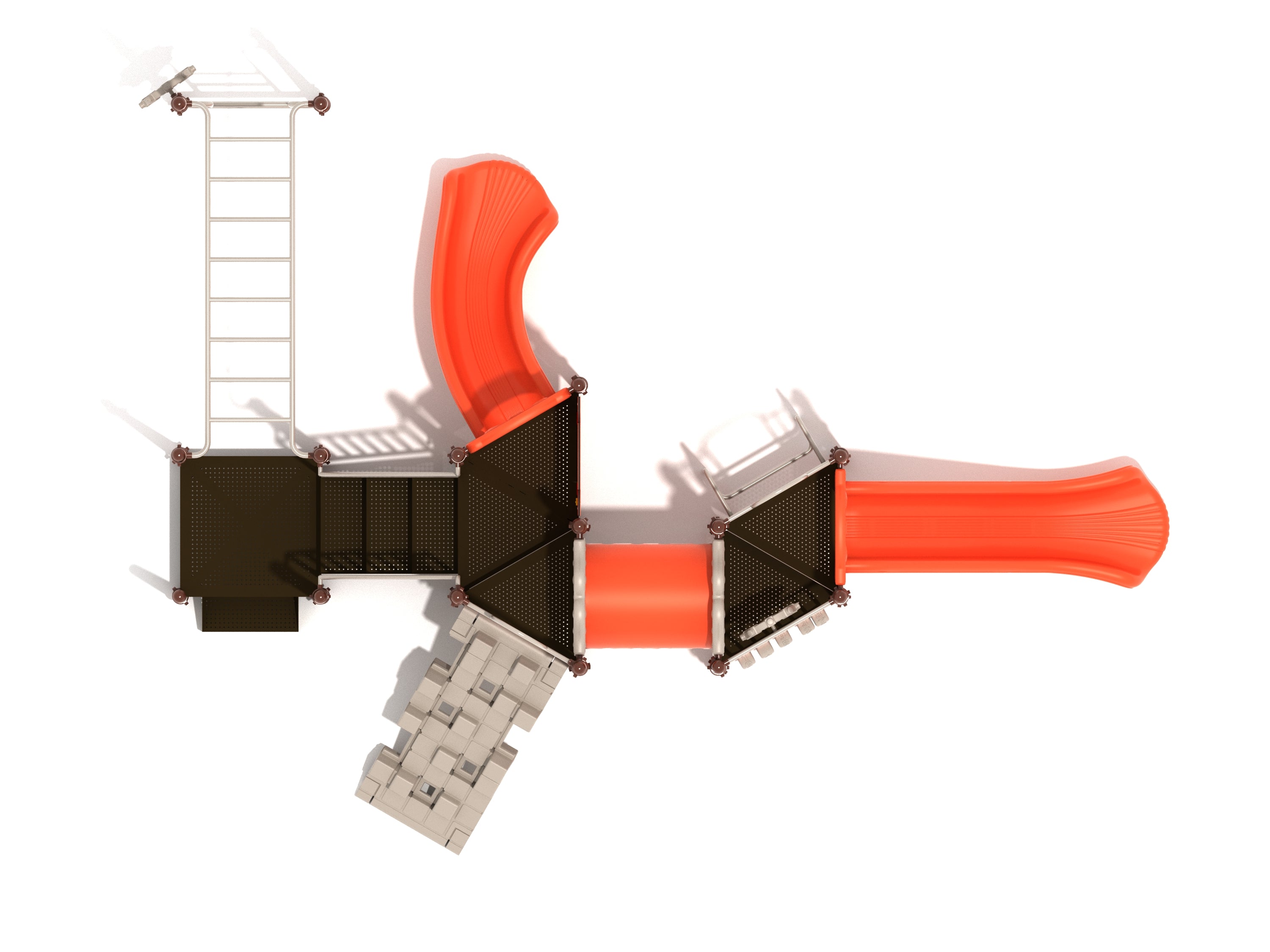 Overhead view of playground structure with two orange slides, tube bridge, climbing wall, metal ladders, and interactive panels.