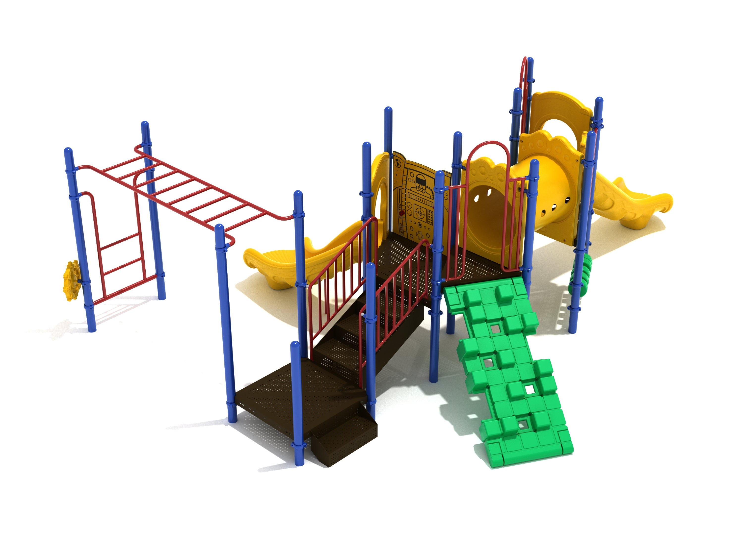 Colorful playground structure with yellow slides, green climbing wall, red monkey bars, interactive panels, and ship’s wheels for imaginative play