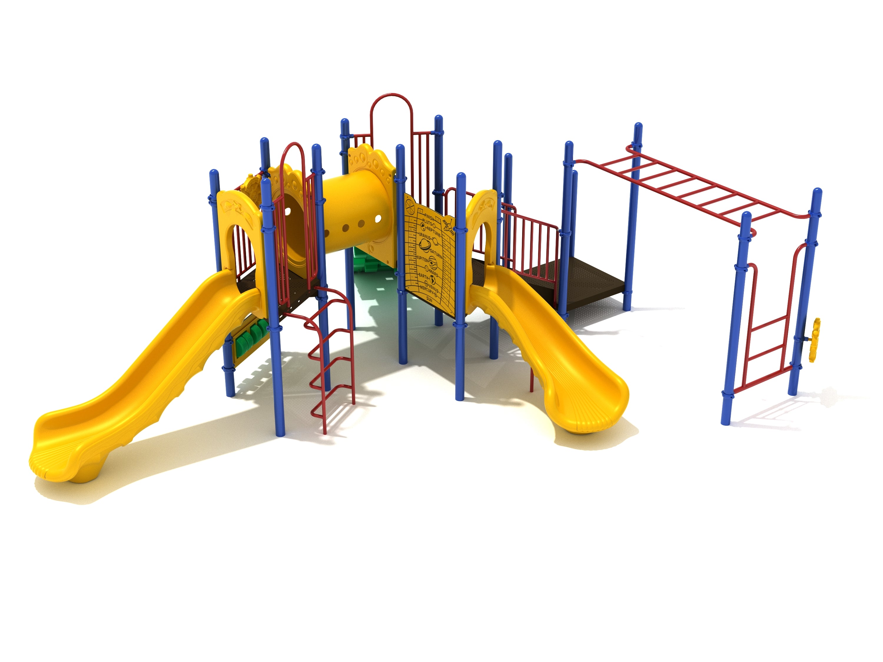 Colorful playground structure with yellow slides, red climbing bars, blue posts, a tunnel, interactive panels, and ship’s wheels.