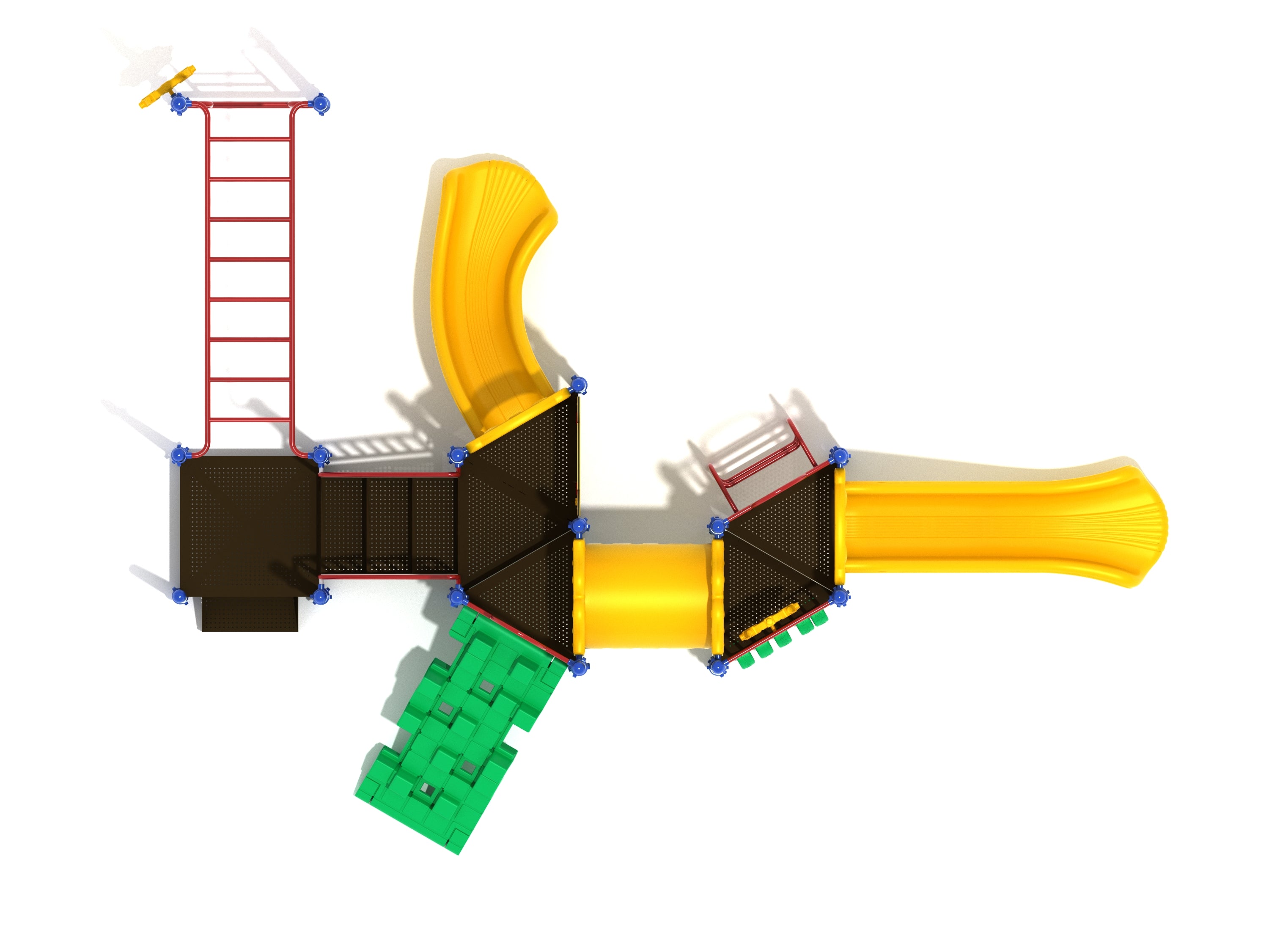 Overhead view of colorful playground climber with yellow slides, red ladders, green climbing wall, interactive panels, and tube bridge