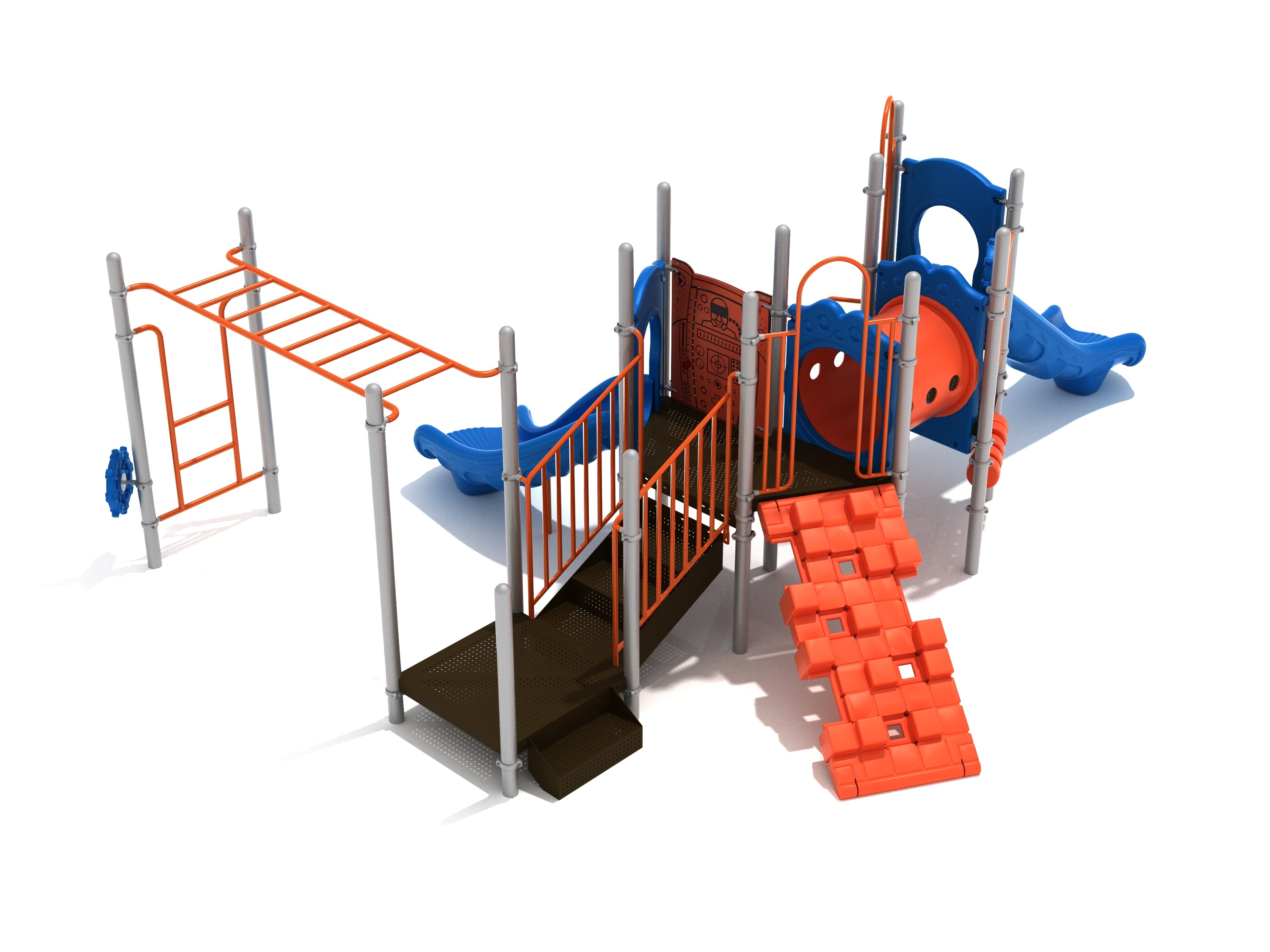 Colorful playground structure with slides, tube tunnel, climbing ramp, monkey bars, interactive panels, and ship’s wheels for imaginative play