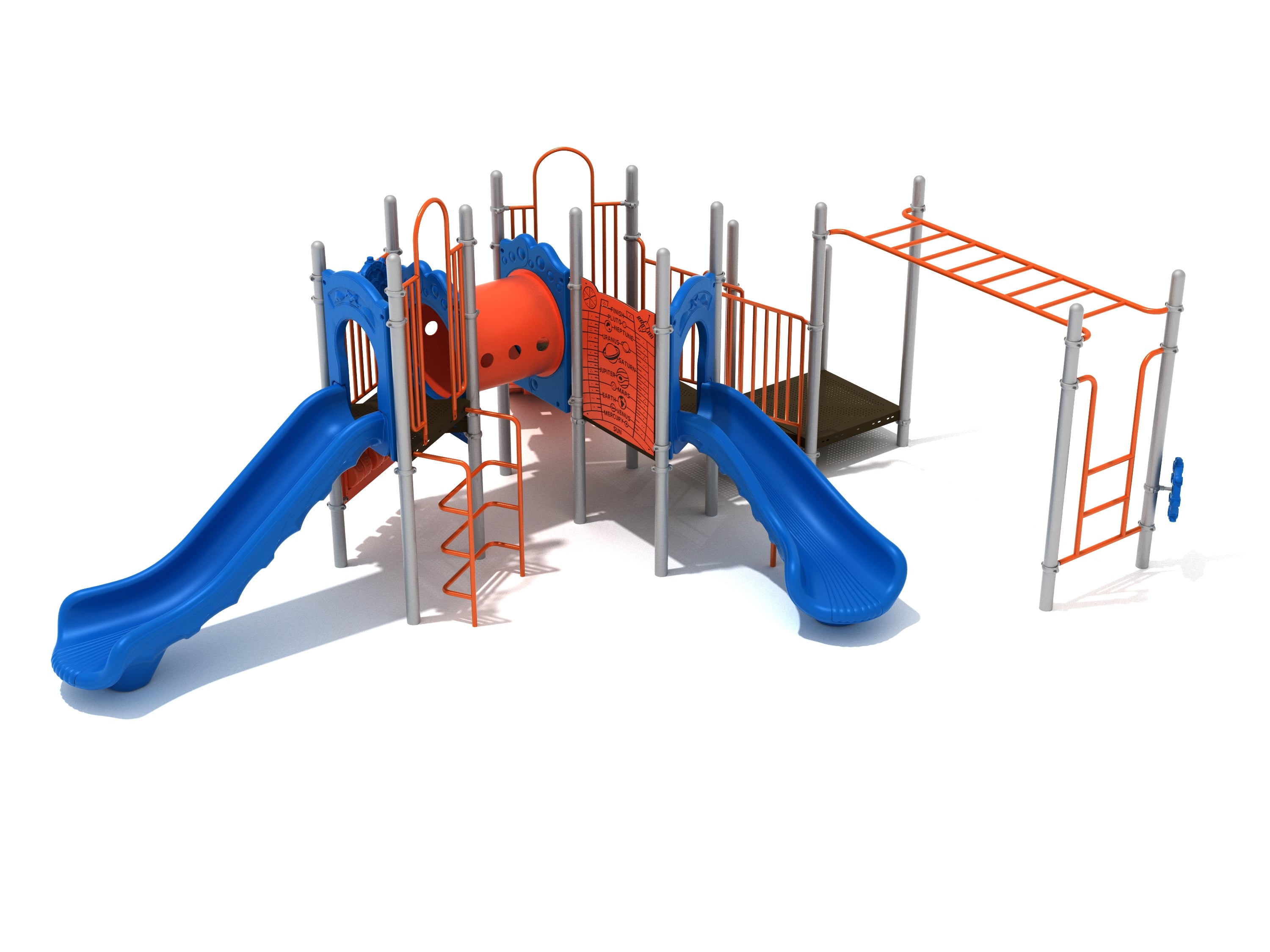 Colorful playground structure with two blue slides, orange climbing bars, a tunnel, interactive panels, and ship’s wheels for imaginative play.