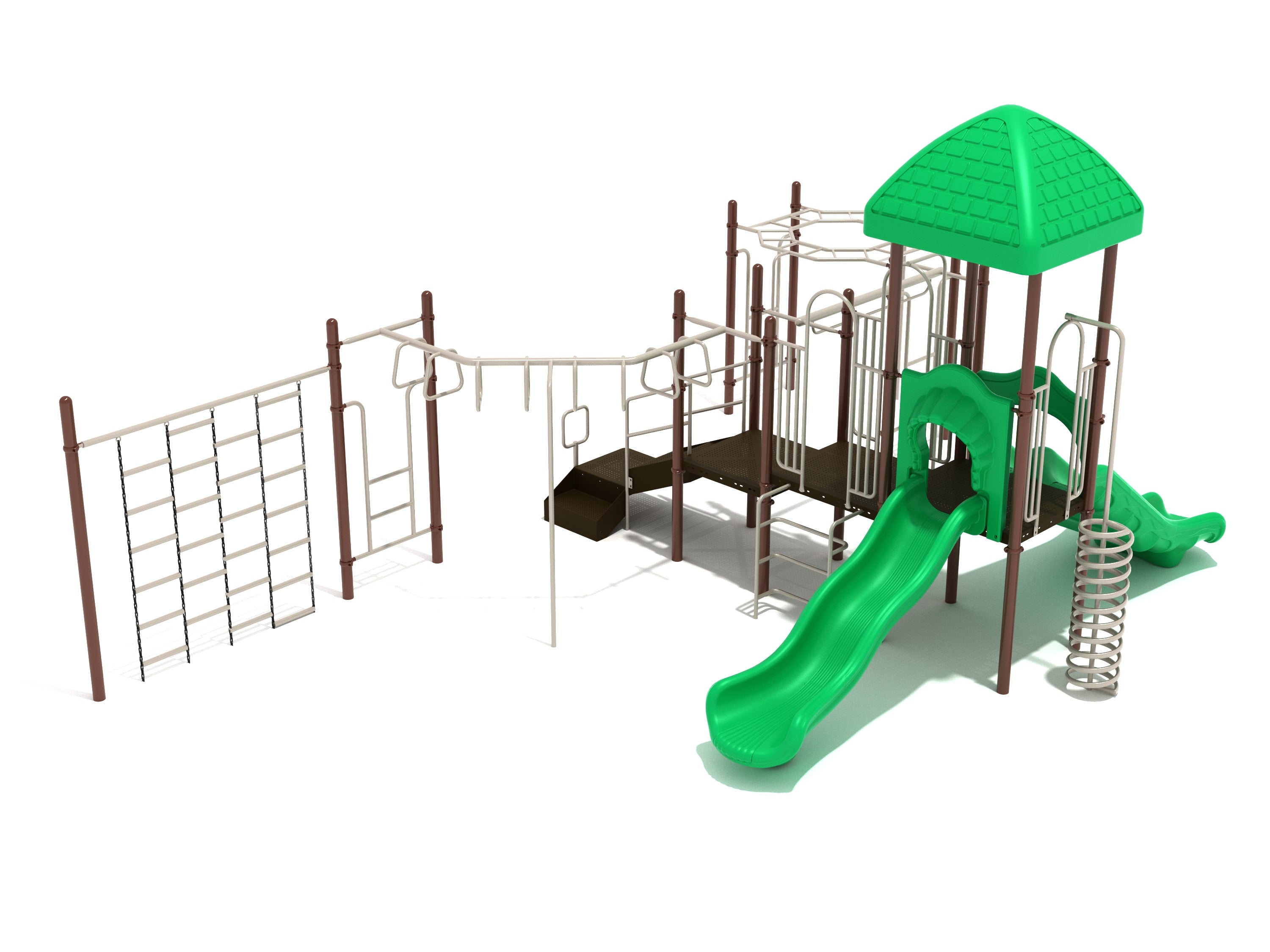 Grosse Pointe Playground with green wave slide, double slides, chain climbing wall, trapezoid loop ladder, monkey bars, and spiral climber