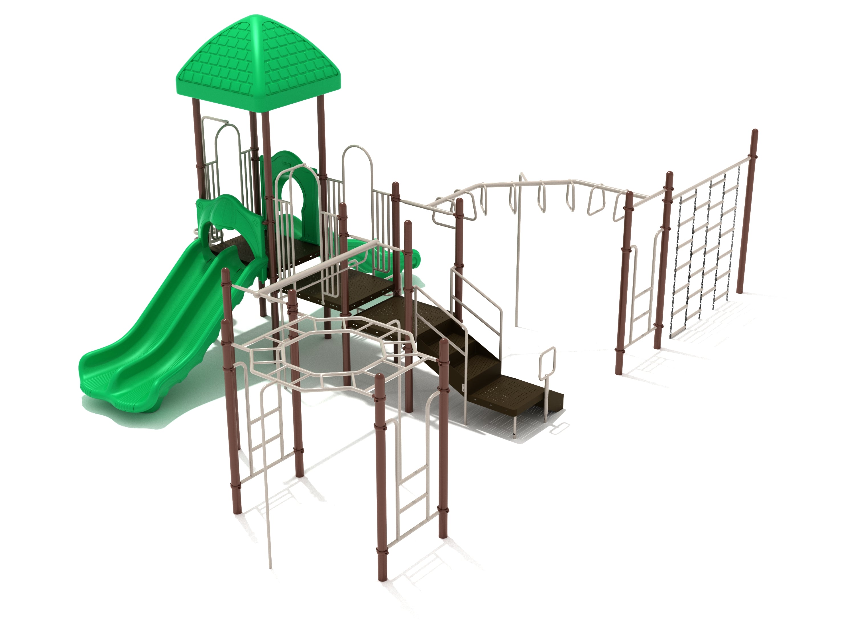 Playground structure with green double slide, climbing ladders, octagon horizontal ladder, and overhead parallel bars.