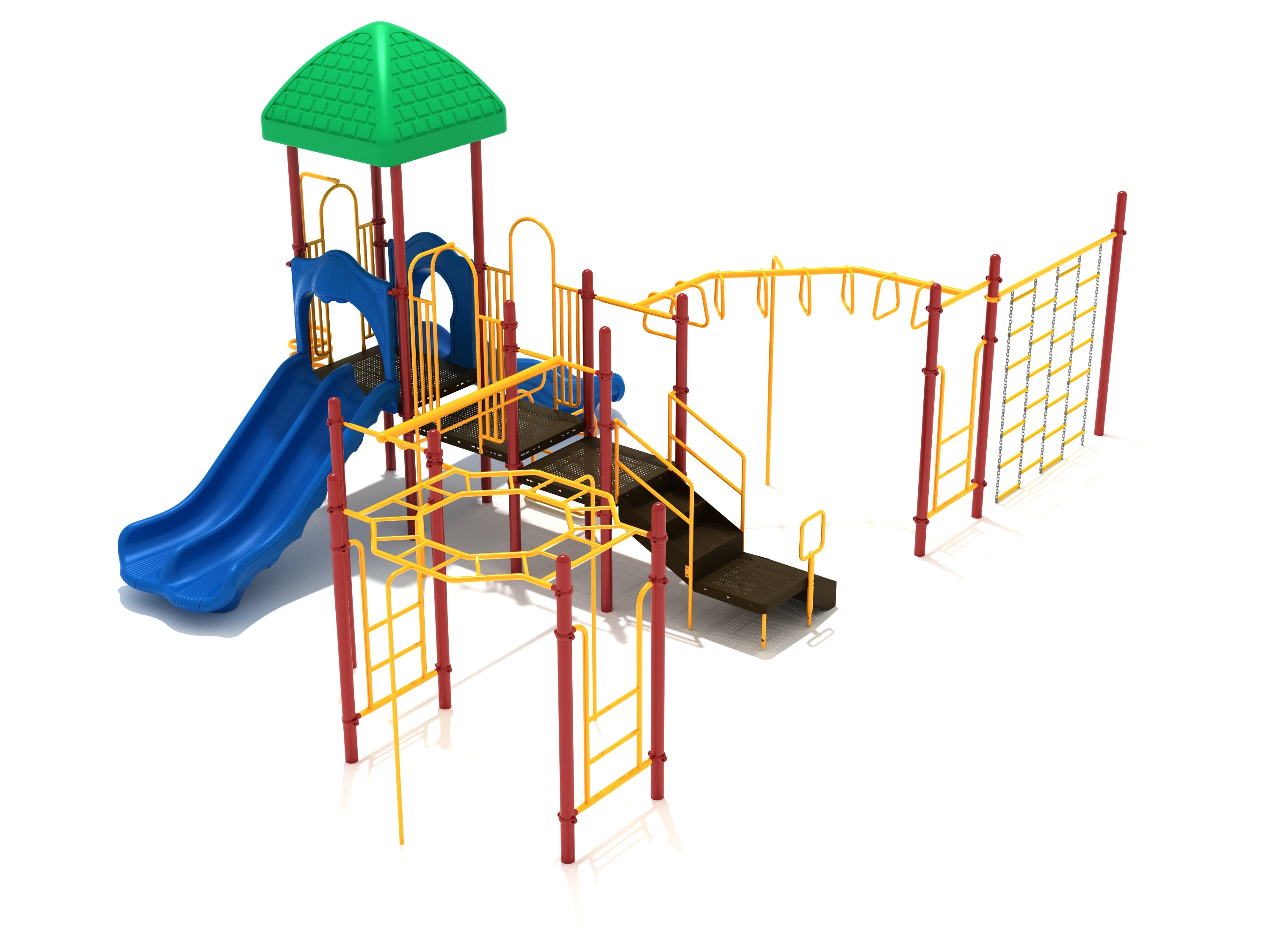 Colorful playground structure with slides, climbing ladders, monkey bars, and a green roof designed for active play and climbing.