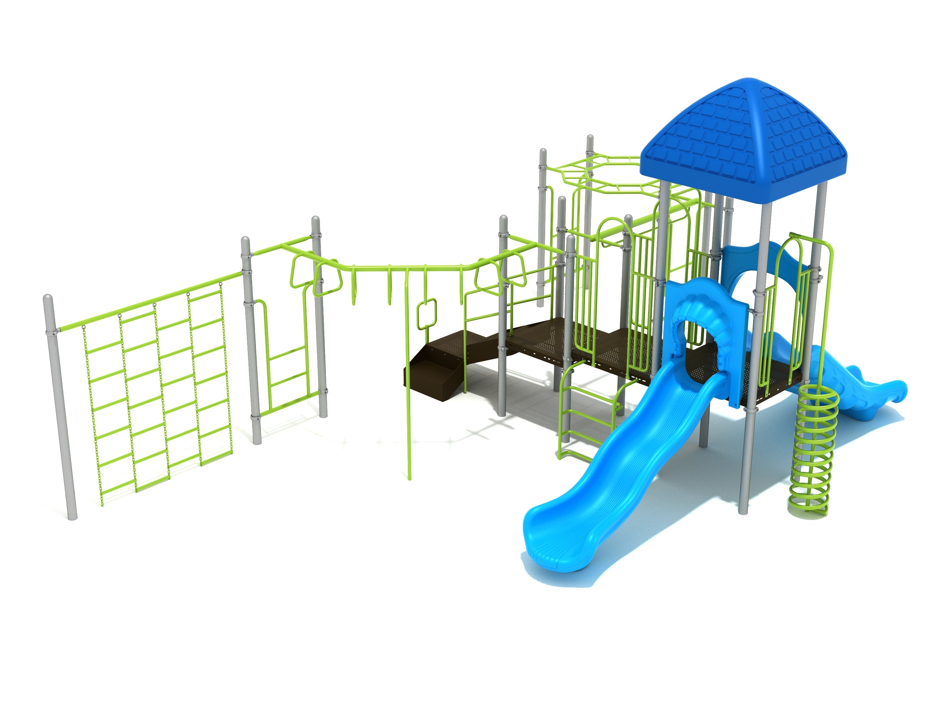 Playground structure with blue wave and double slides, green climbing ladders, spiral climber, and overhead horizontal bars.