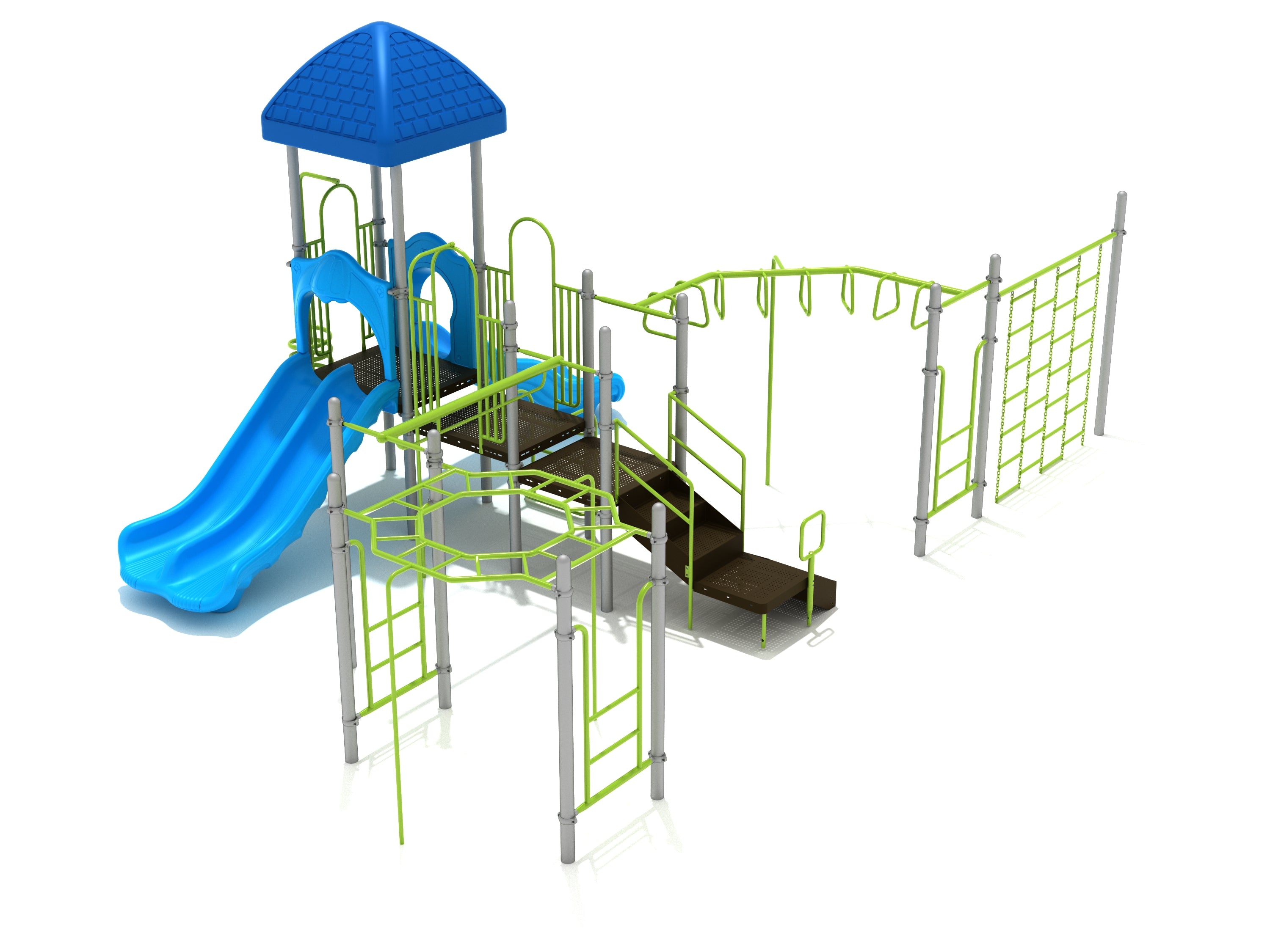 Playground structure with blue roof, dual blue slides, green climbing frames including trapezoid loop, octagon ladder, and horizontal bars