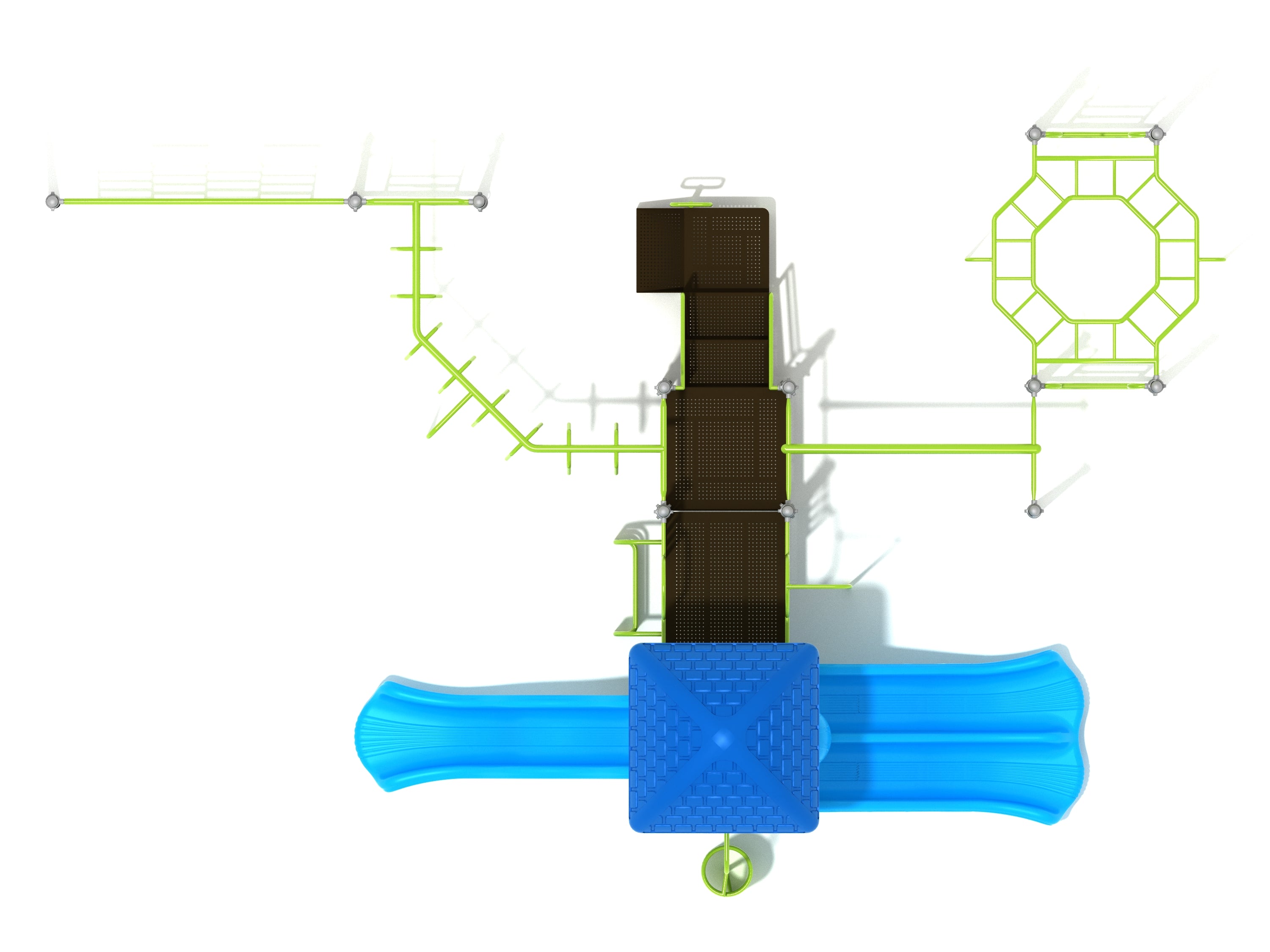 Overhead view of a large playground structure with blue double slides, green climbing frames, brown platforms, chain climbing wall, trapezoid loop ladder, horizontal ladder, parallel bar climber, vertical ladder, spiral climber, wave slide, and fireman pole.