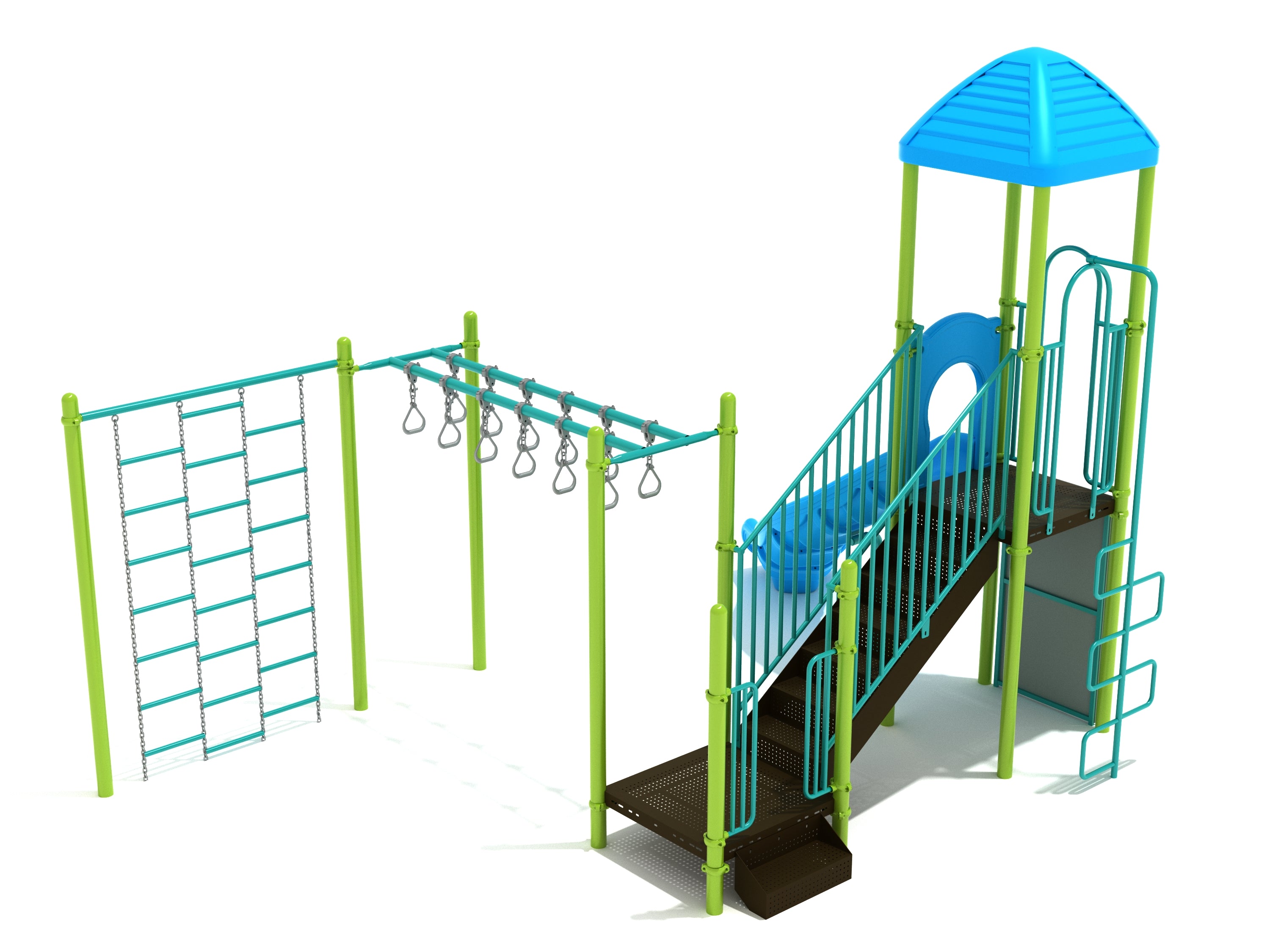 Colorful playground structure with chain climbing wall, double overhead swinging ring ladder, stairs, and blue right-turn slide under a blue roof