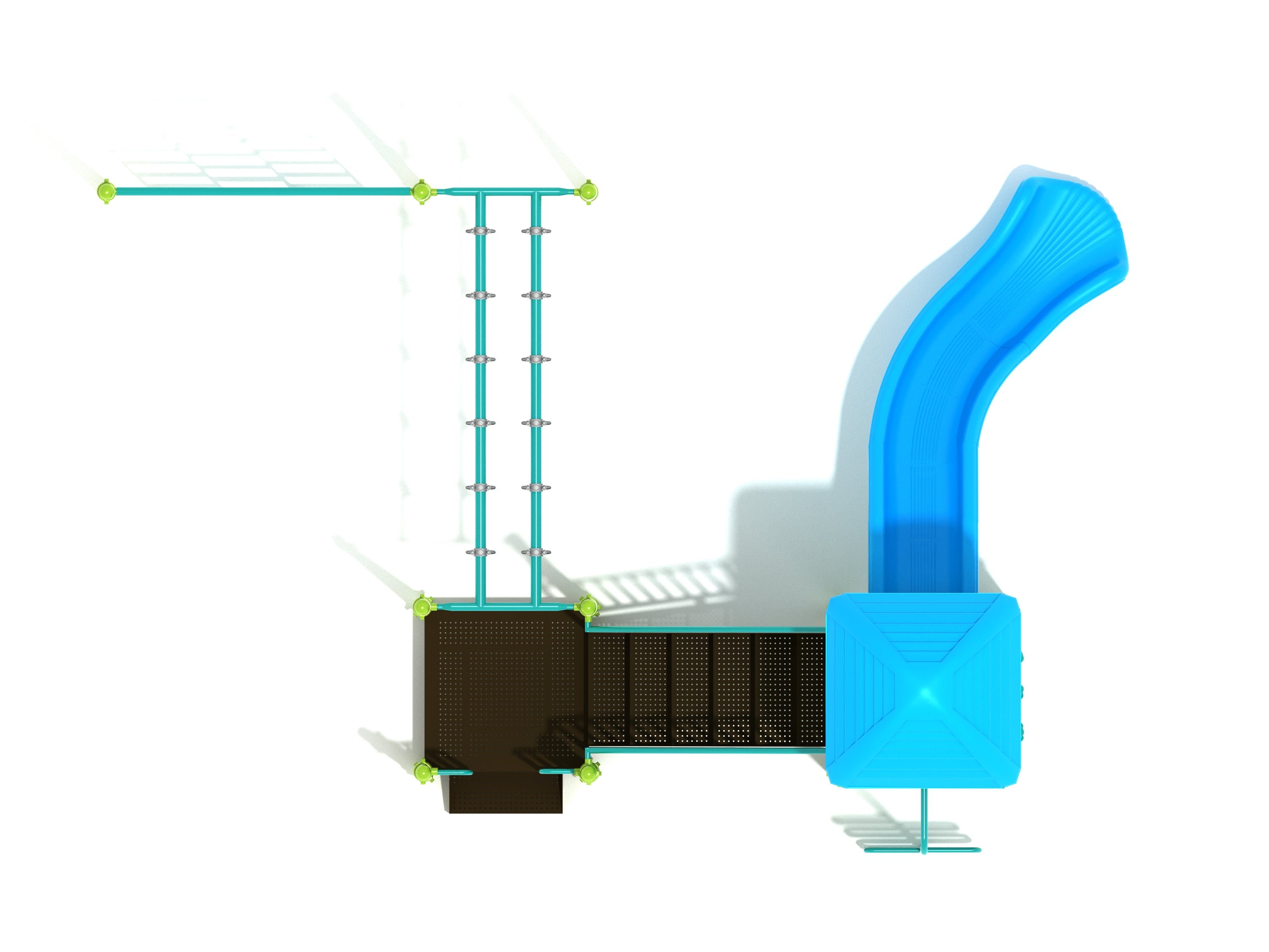 Overhead view of playground with blue square-roofed tower, curved slide, chain climbing wall, and double overhead swinging ring ladder
