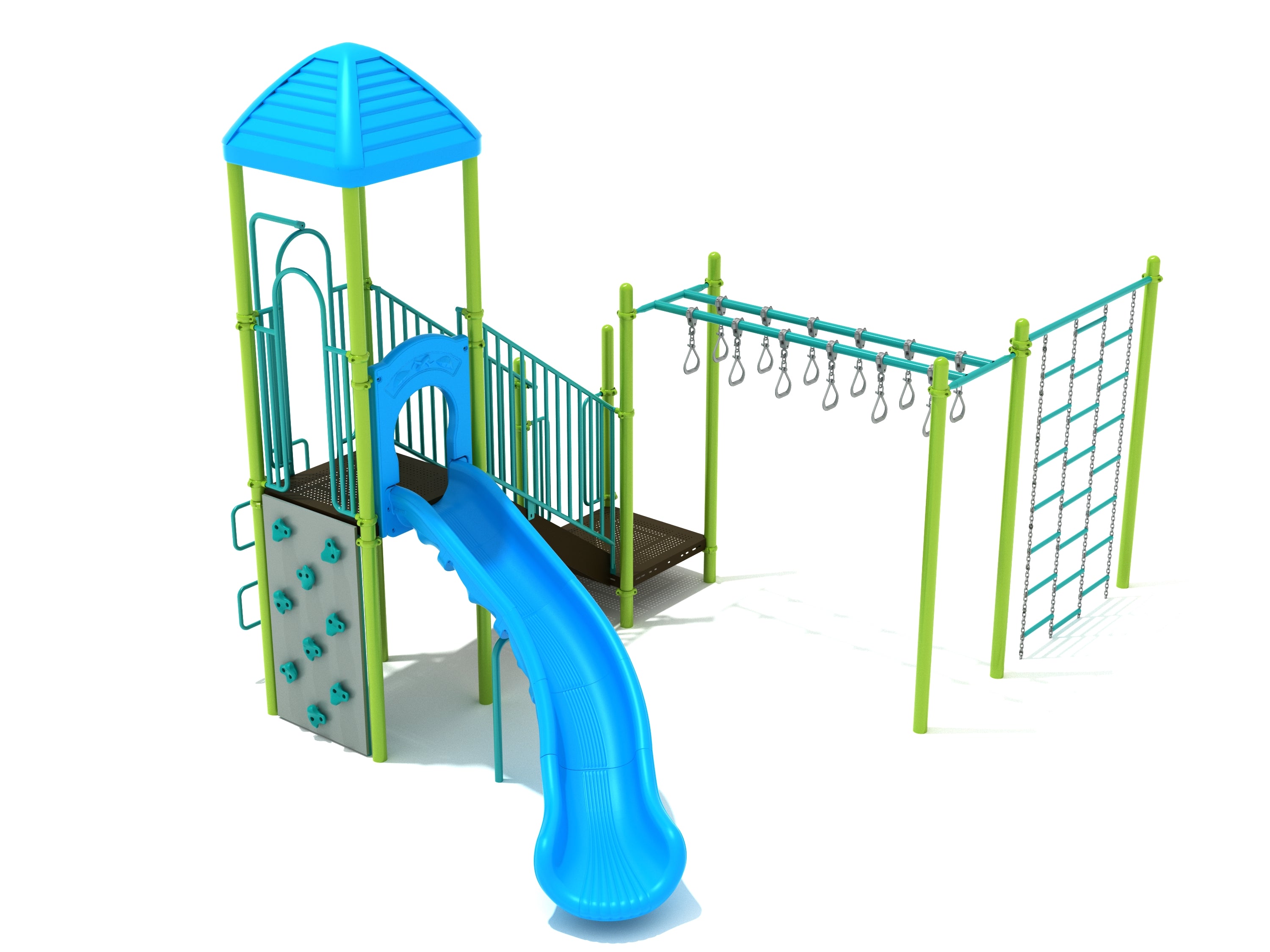 Homestead Playground with blue right turn slide, chain climbing wall, double overhead swinging ring ladder, and green support poles