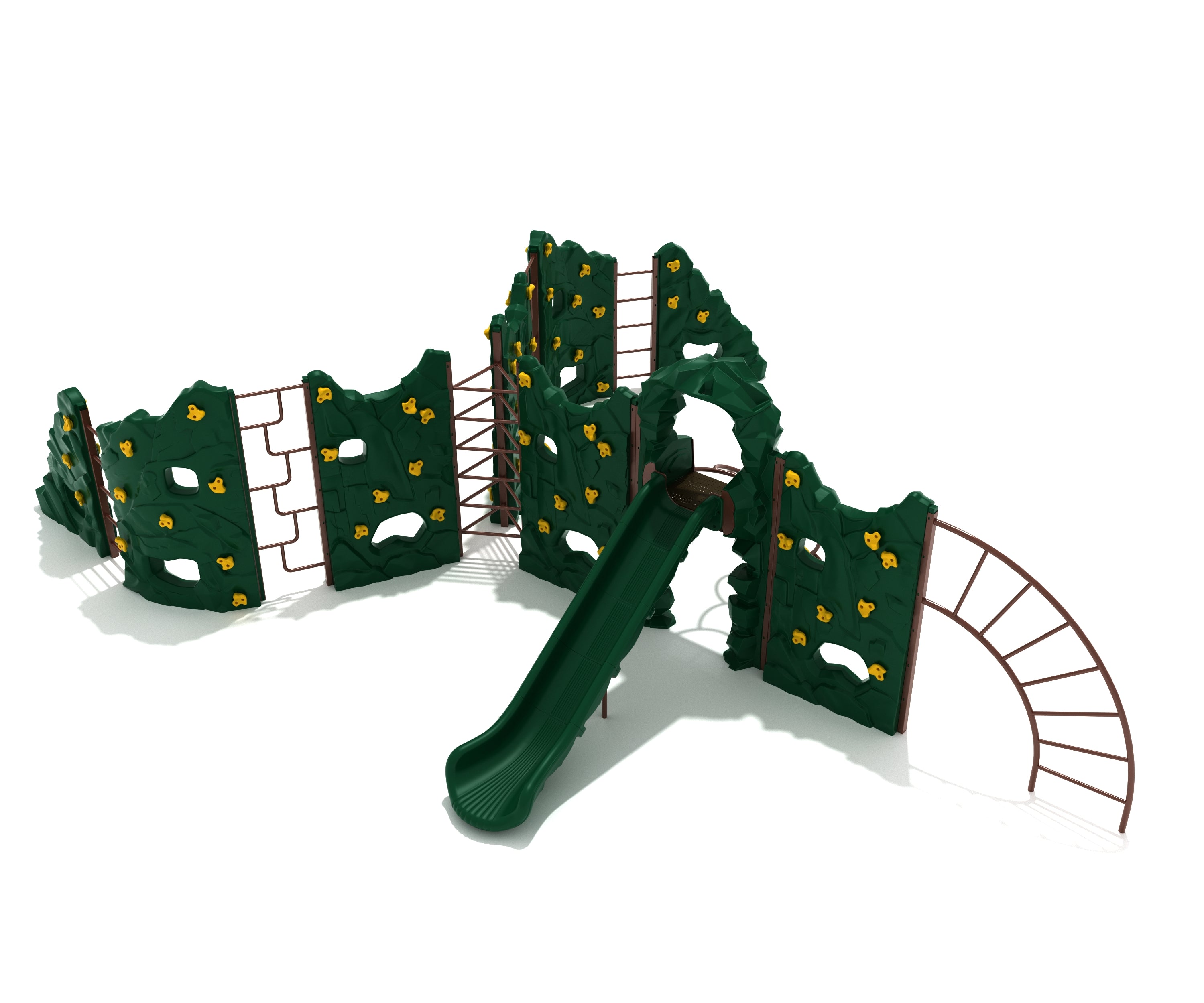 Green playground climber with sculpted rock panels, yellow climbing holds, curved ladder, cut-out windows, and a slide.
