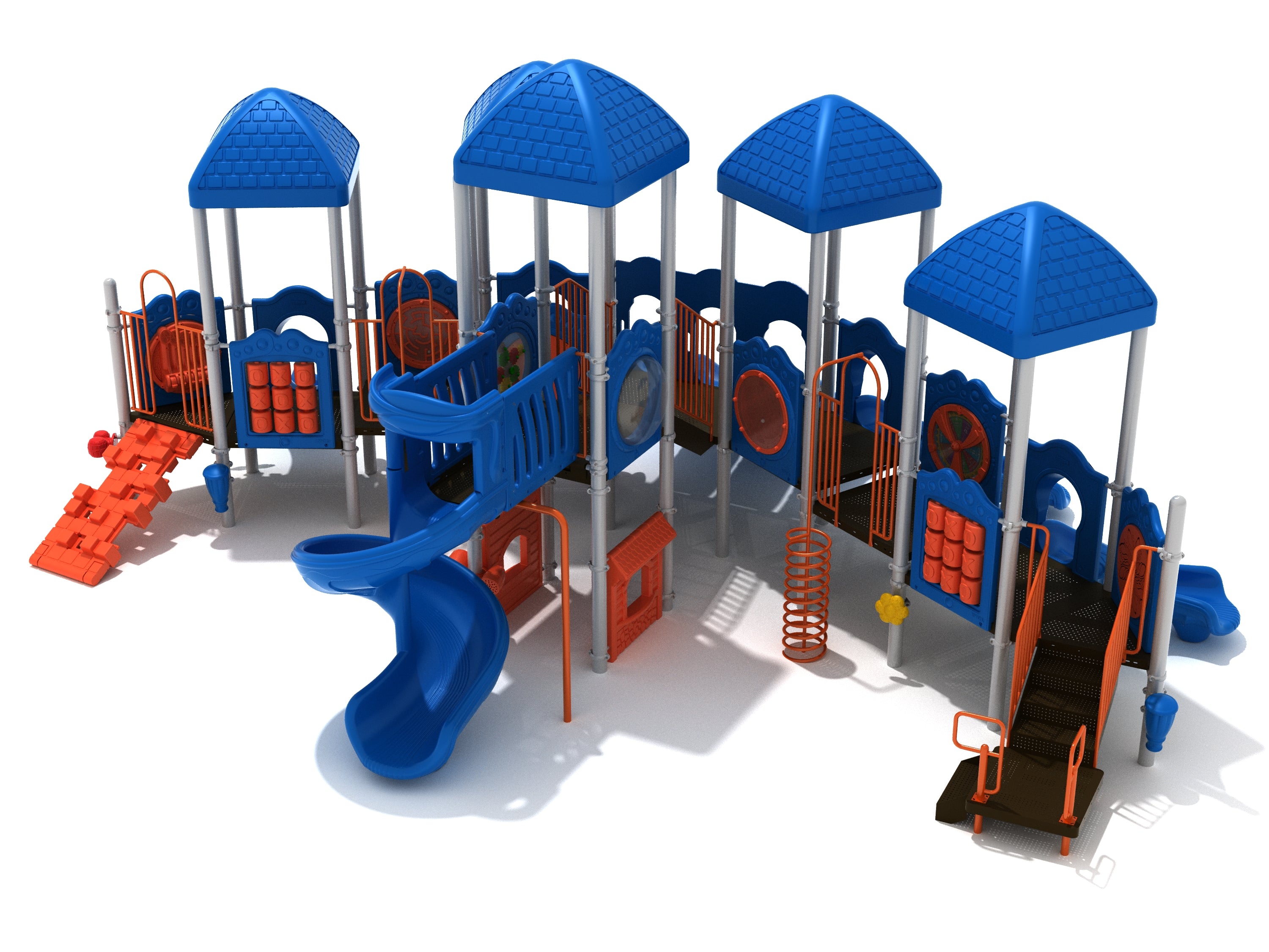 Playground structure with blue roofs, multiple slides including a spiral slide, orange climbing elements, and activity panels