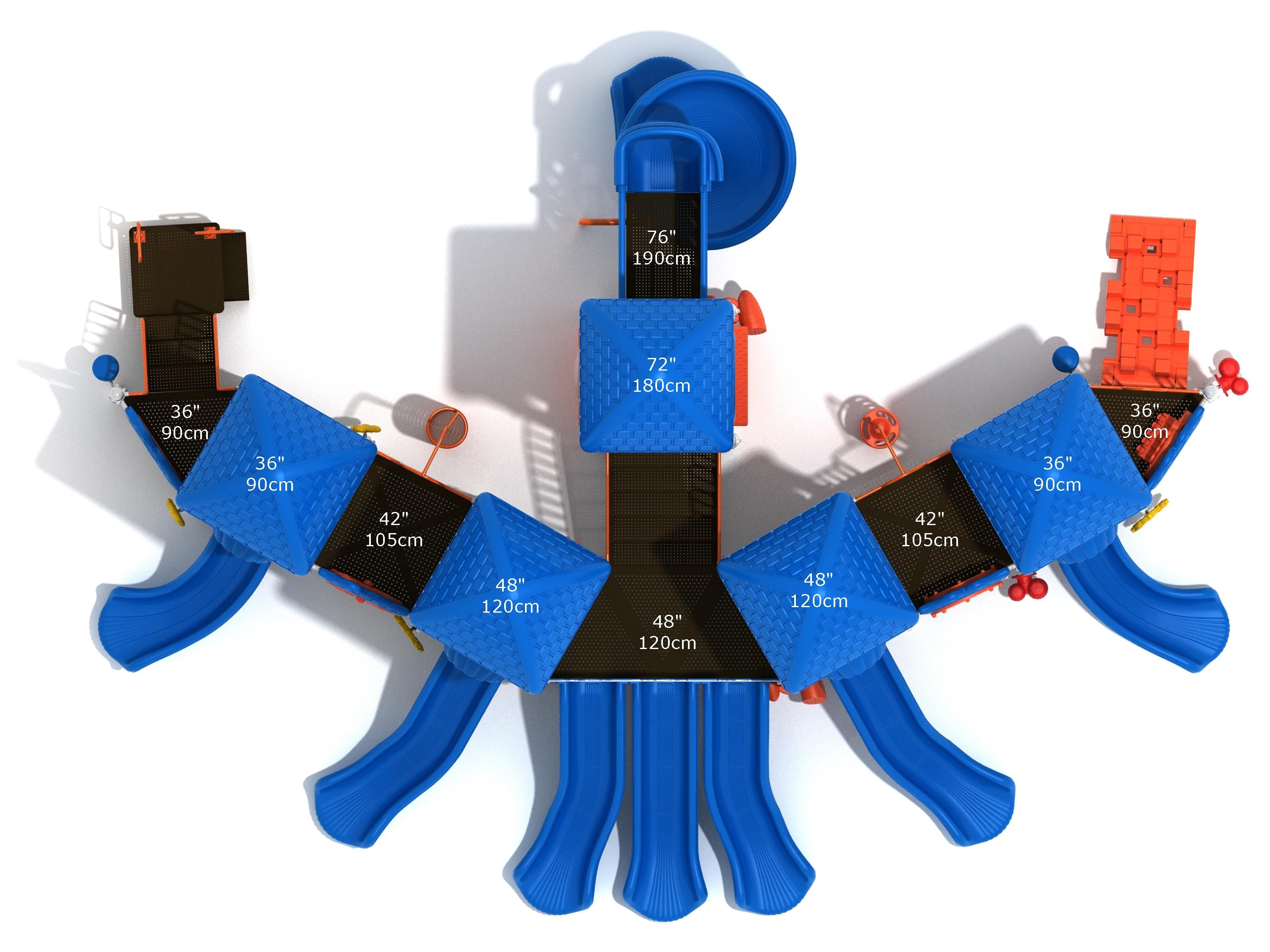 Overhead view of a large playground structure with multiple blue slides, blue roofs, orange climbing elements, and activity panels.