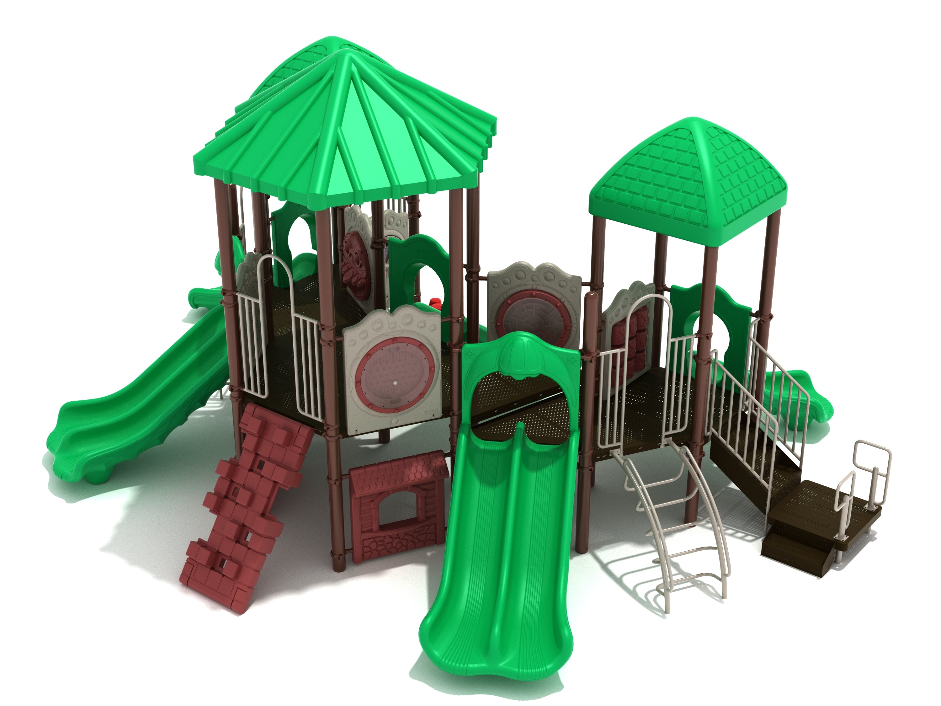 Curved green and brown playground structure with multiple slides, climbers, two peaked roofs, and symmetrical design